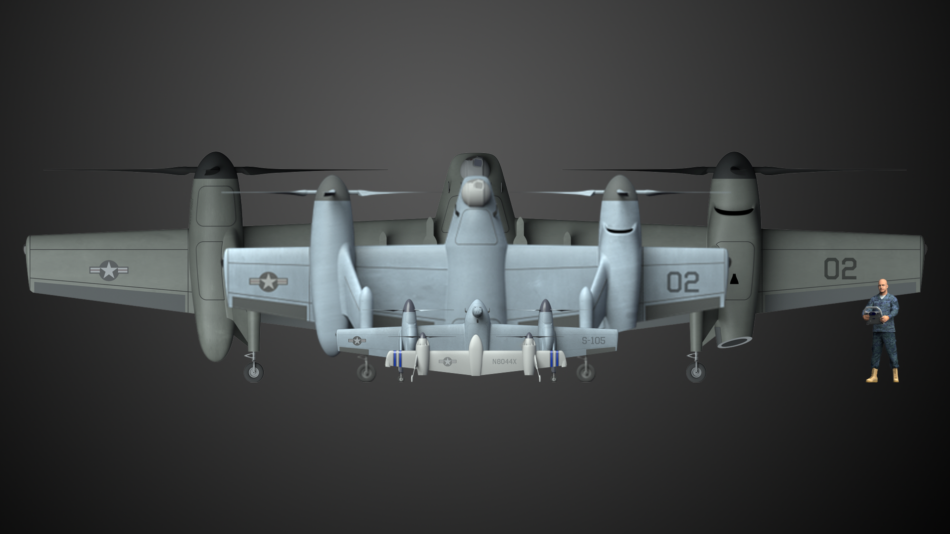 Front view showing four US military aircraft of different sizes in a row with a man holding a remote controller on the right side against a dark background.