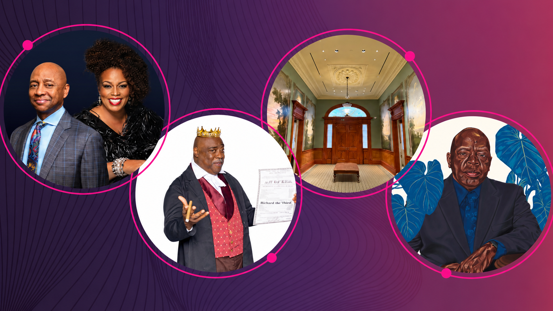 Purple gradient background with four overlapping pink rings featuring: a smiling couple in business attire, a crowned man with a newspaper, an ornate wood-paneled foyer, and a stern man in a suit with blue leaves.