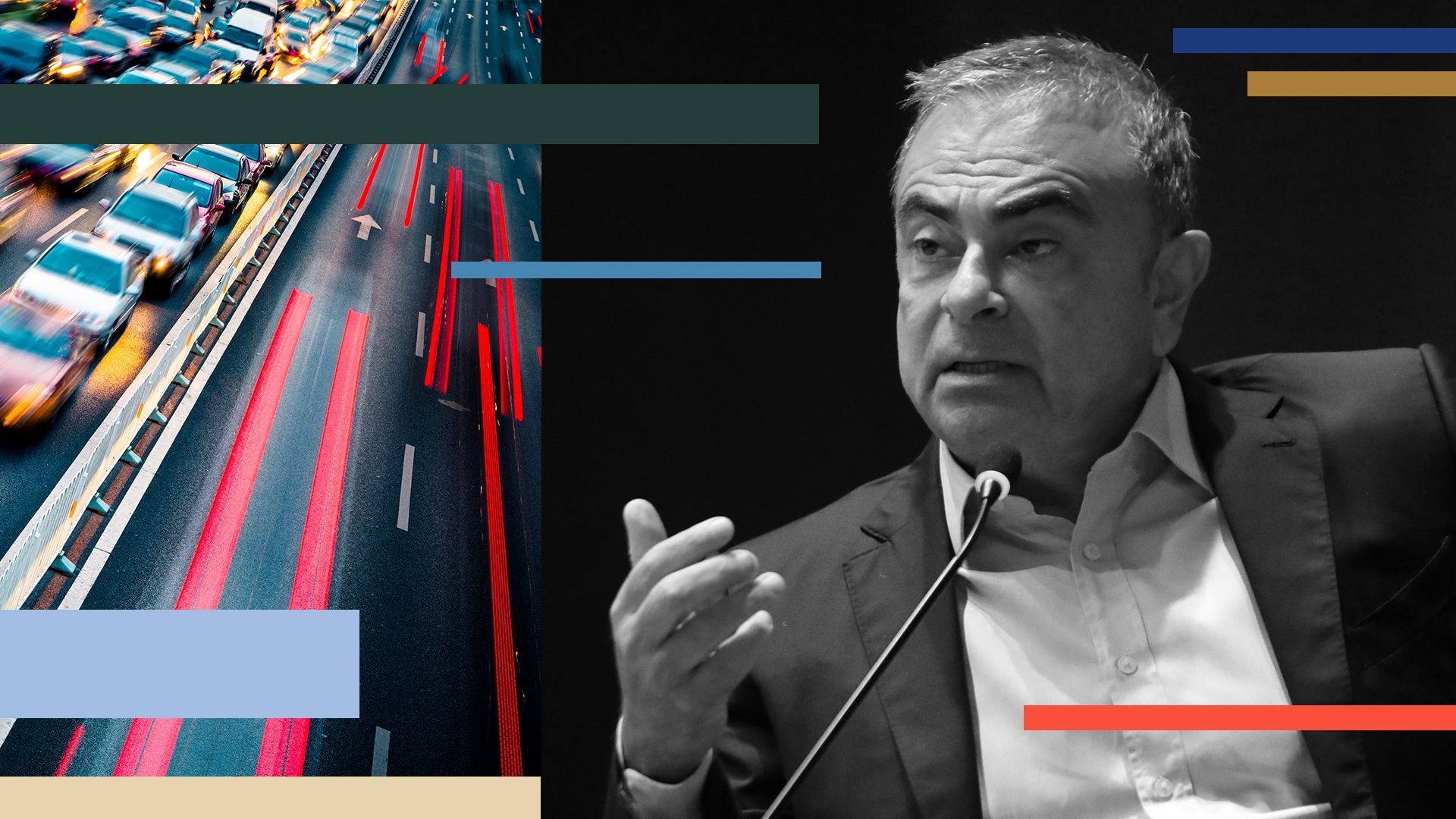 Photo illustration of Carlos Ghosn with cars and abstract shapes.