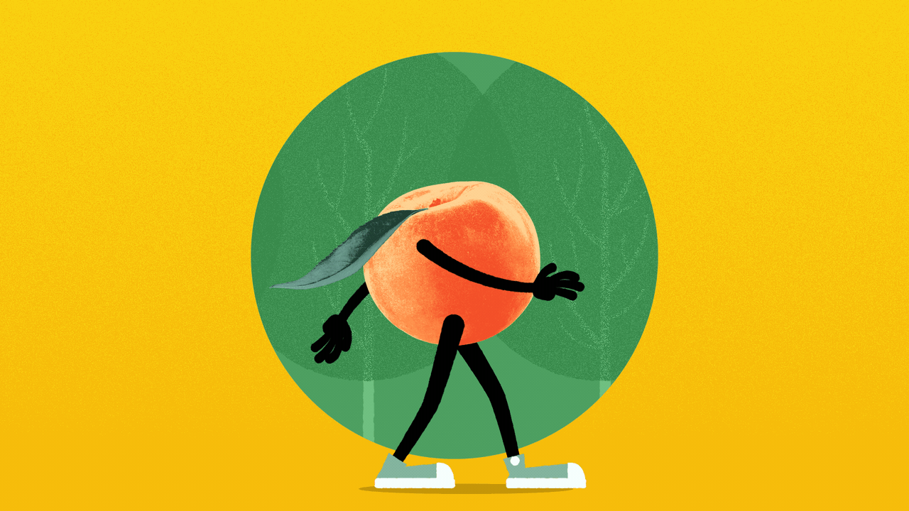 Illustration of a peach with arms and legs walking past some trees. 