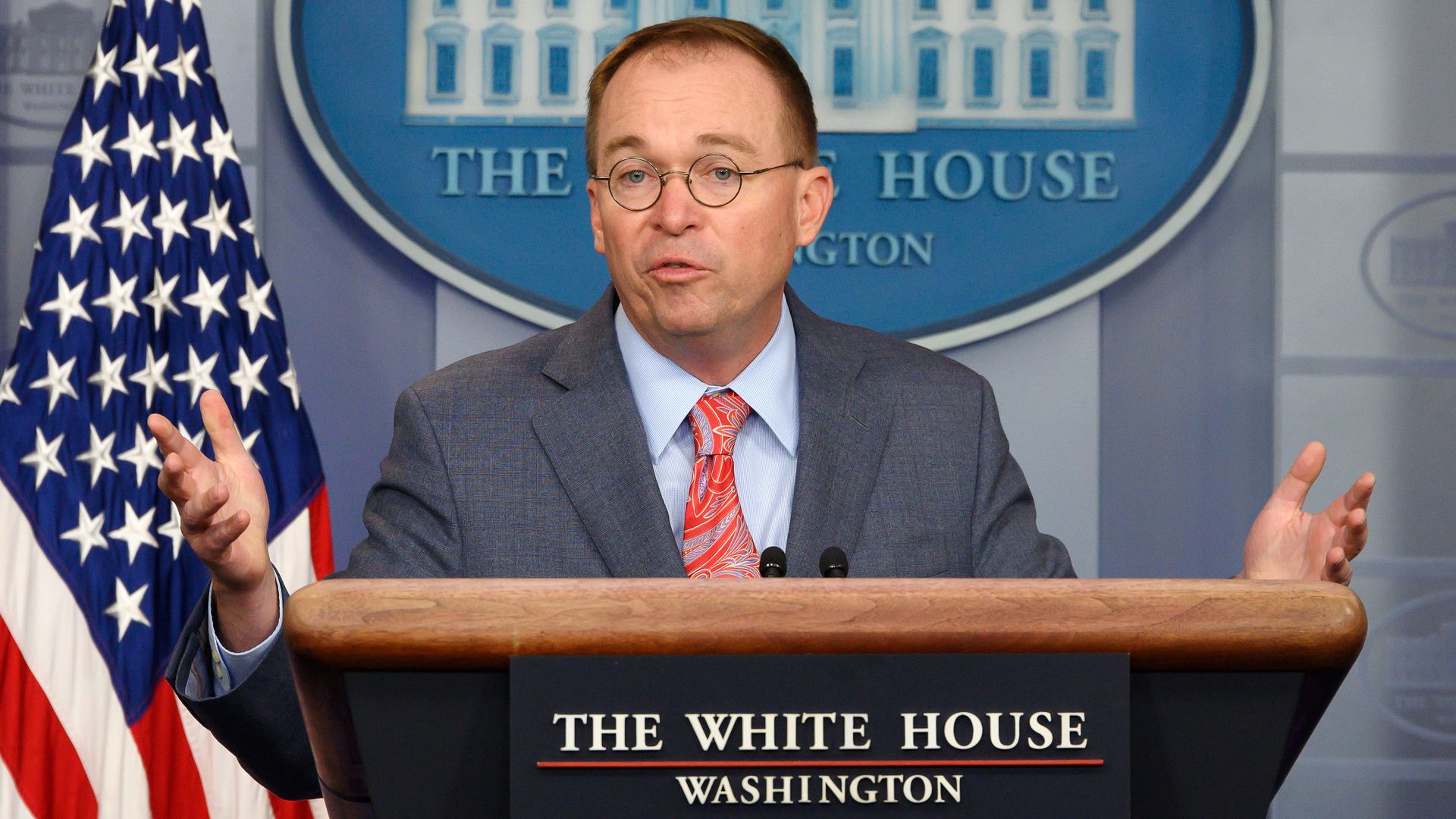 White House Acting Chief of Staff Mick Mulvaney speaks during a press briefing at the White House in Washington, DC, on October 17