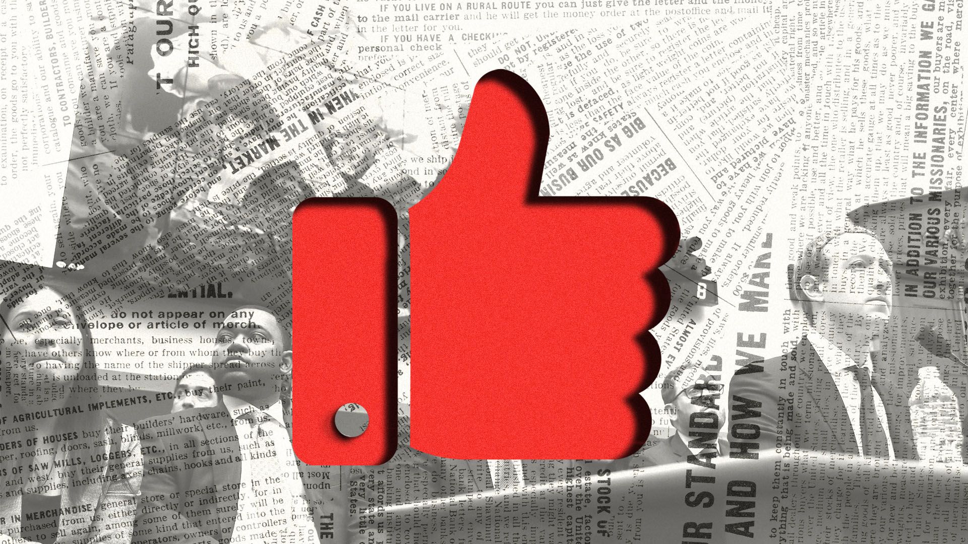 Photo illustration of Mark Zuckerberg testifying before Congress with an overlay of a newspaper and a red Facebook like button