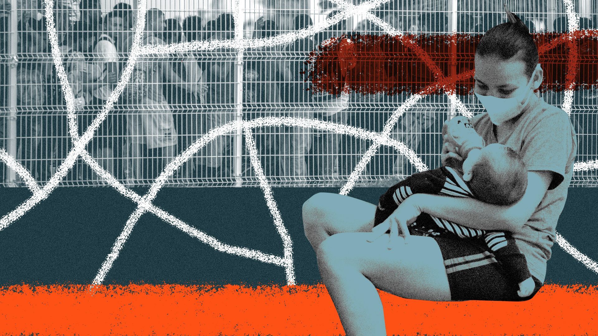 Photo illustration of a person feeding a baby, migrants in line behind a fence and abstract brush strokes.