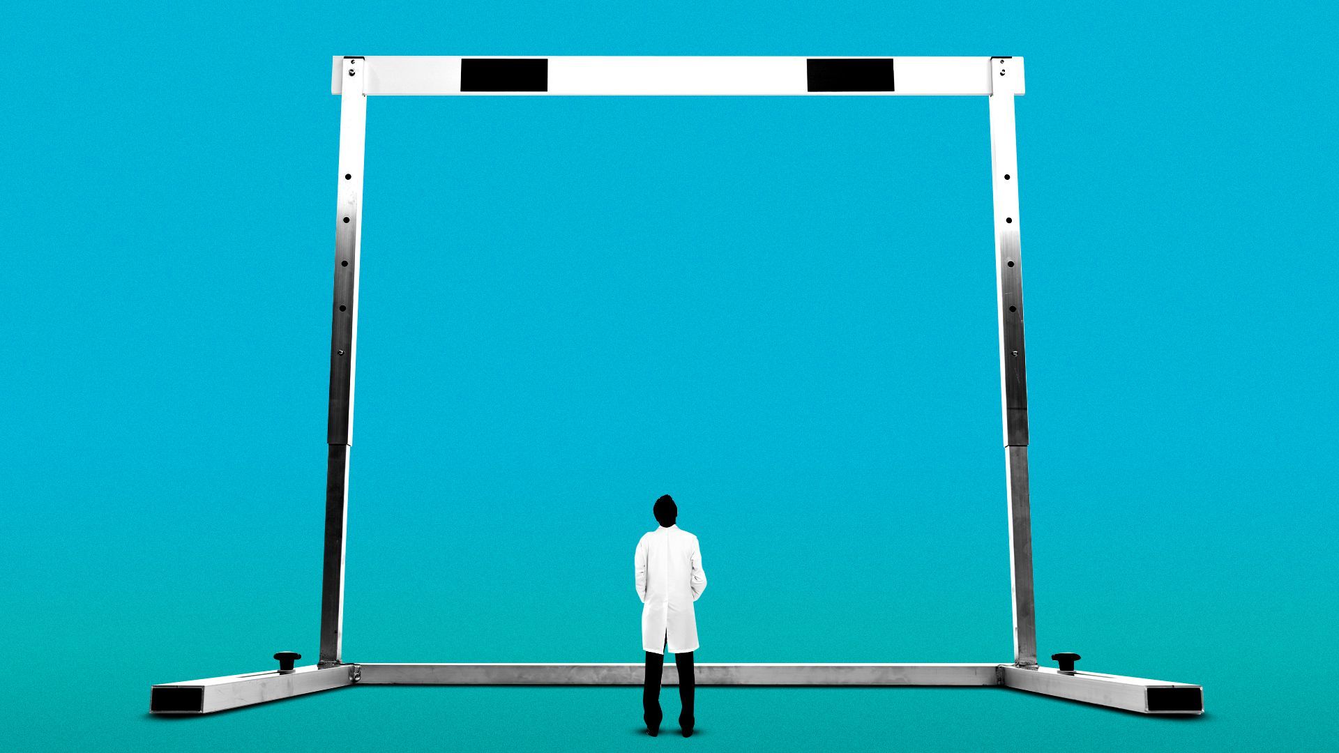 Illustration of a tiny researcher looking up at a giant hurdle.   