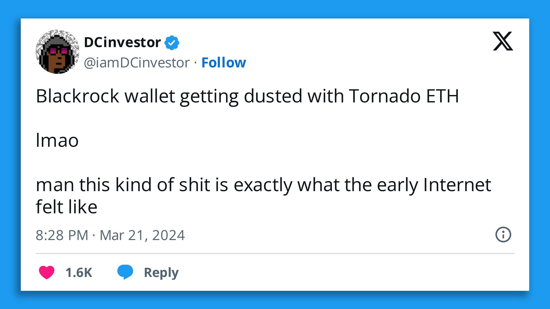 A social media post from DCinvestor talking about how a Blackrock wallet was getting "dusted" 