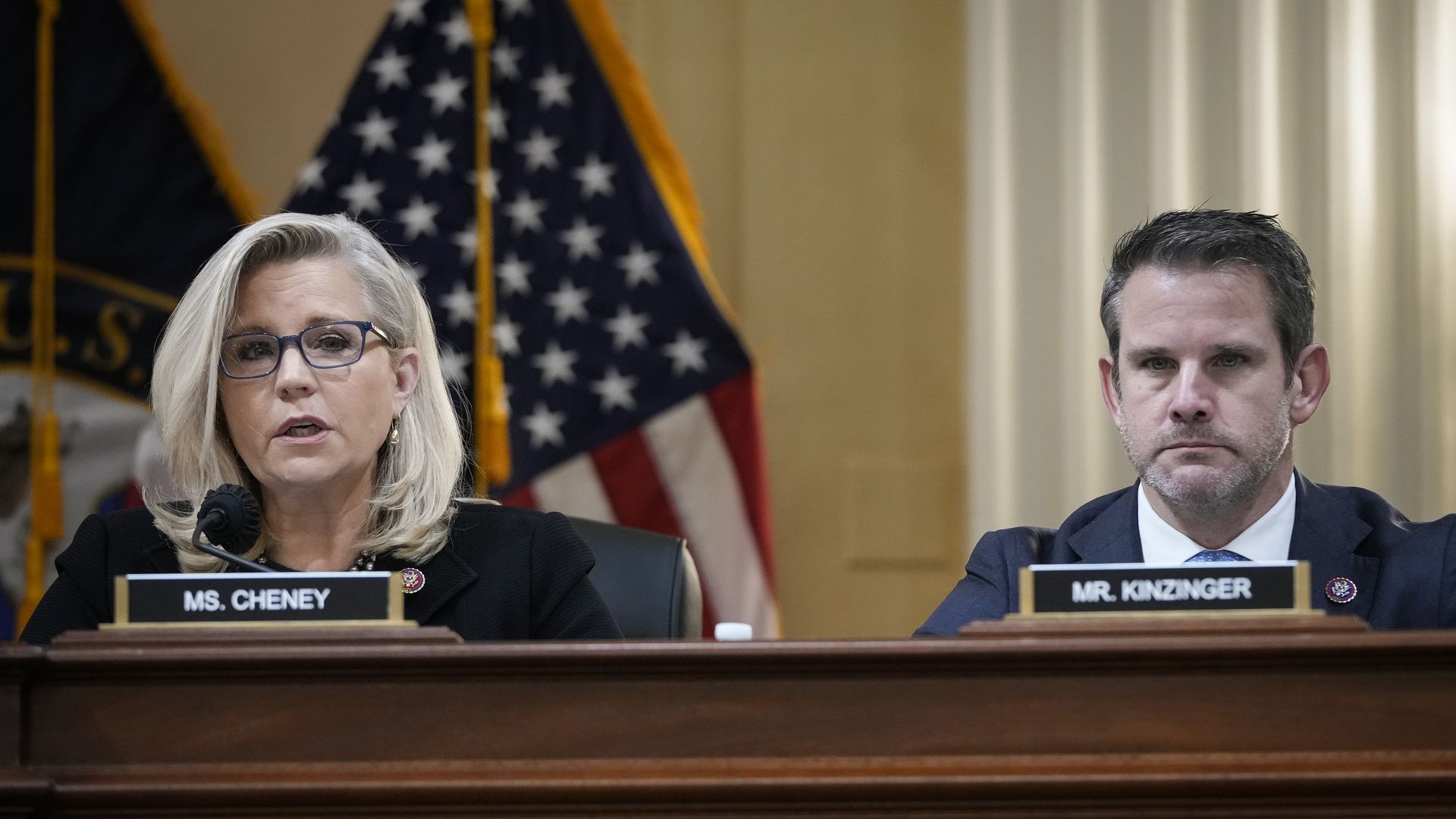 Rep. Liz Cheney  and Rep. Adam Kinzinger during a Jan. 6 select committee meeting on Capitol Hill on December 1.