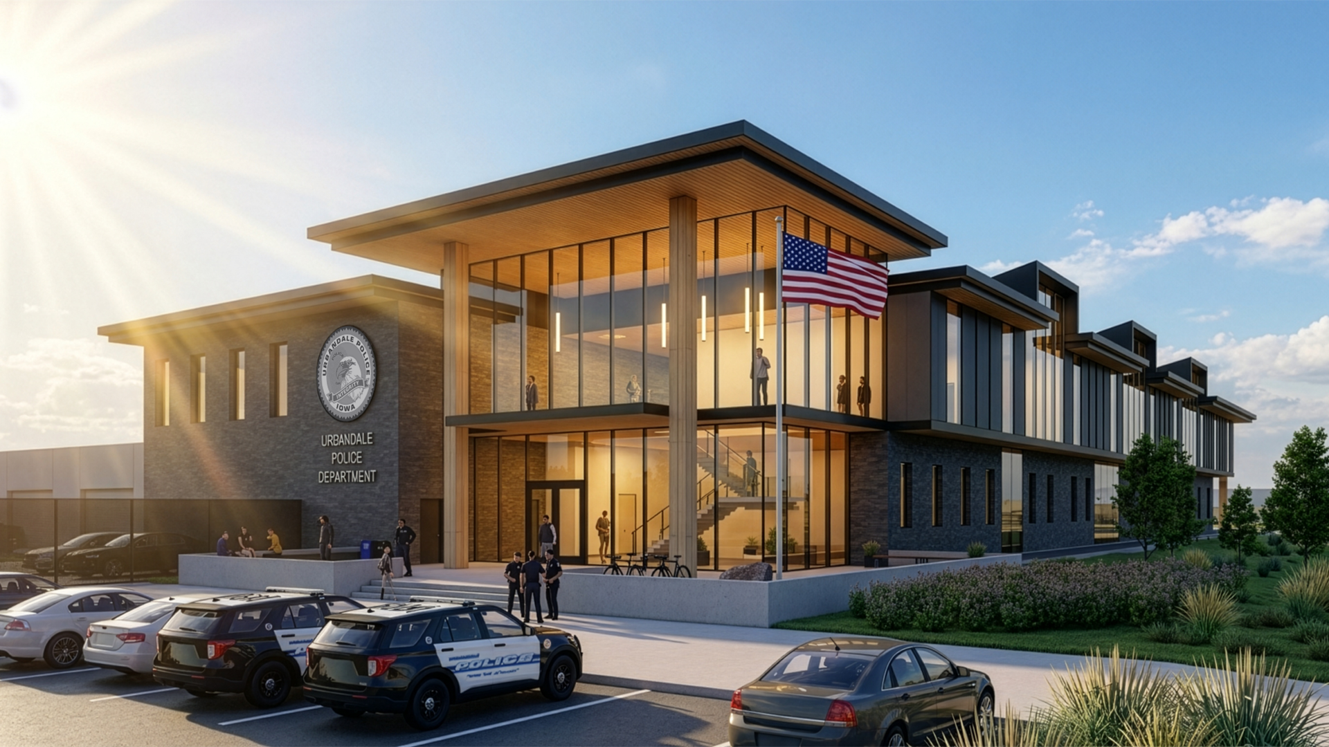 Rendering of a modern two-story Urbandale Police Department building with glass walls, a circular seal, an American flag on a flagpole, sun glare, people inside, and police cars in the parking lot.