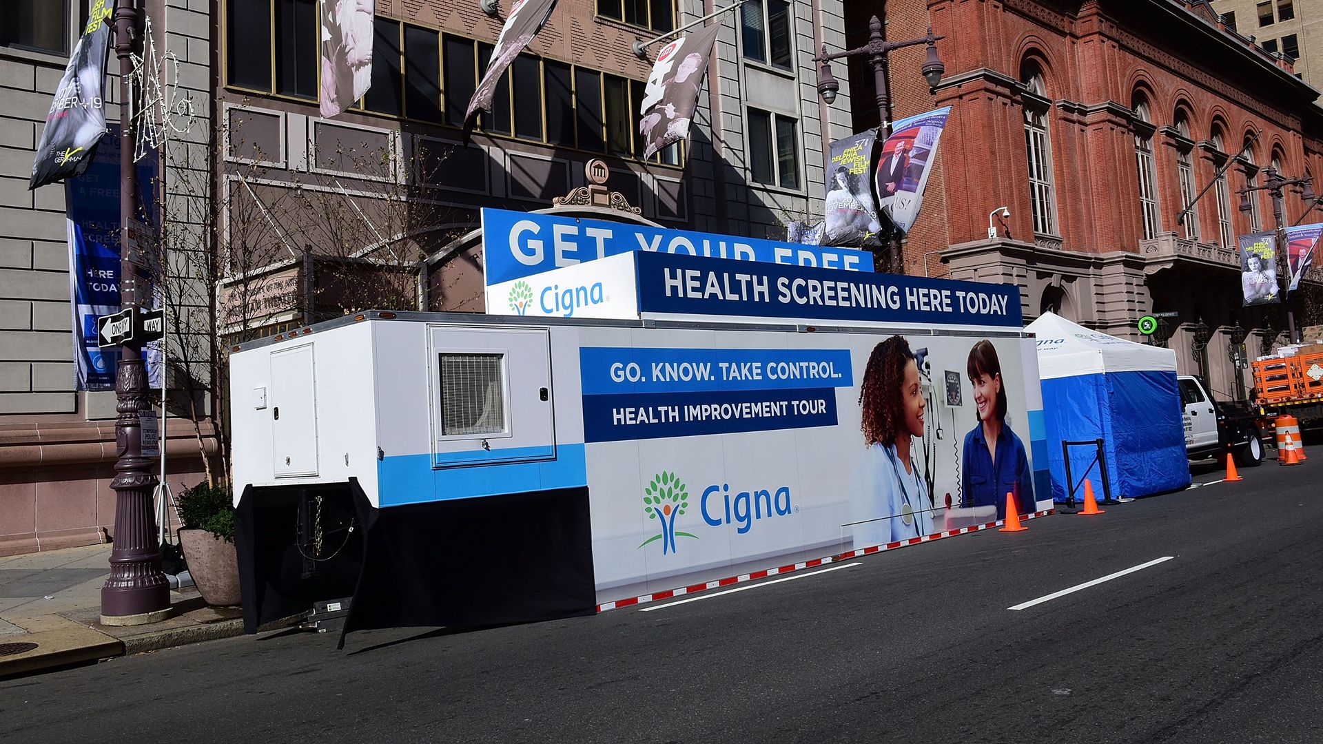 A Cigna mobile unit sets up for health screenings.