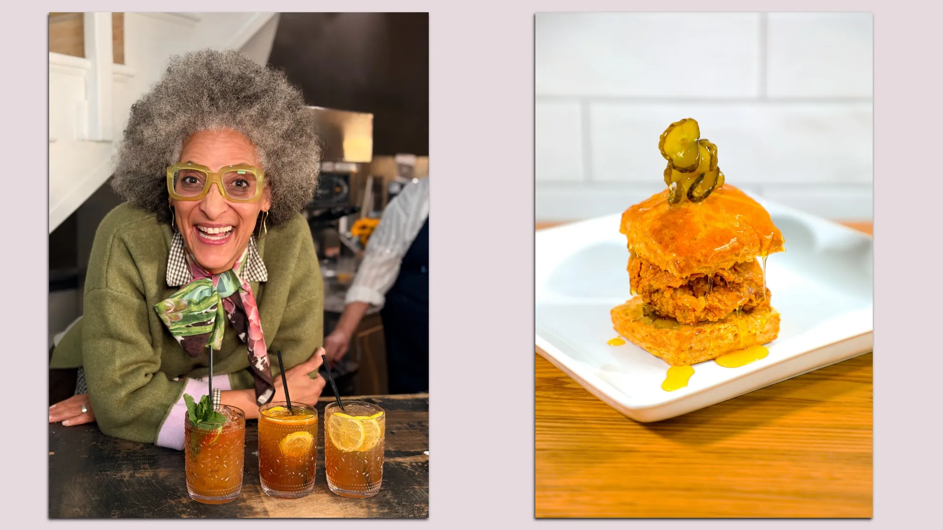 Carla Hall smiling with green glasses, and patterned scarf leaning on a wooden counter with three iced tea drinks. Next to her, a fried chicken biscuit sandwich with pickles on a white plate.