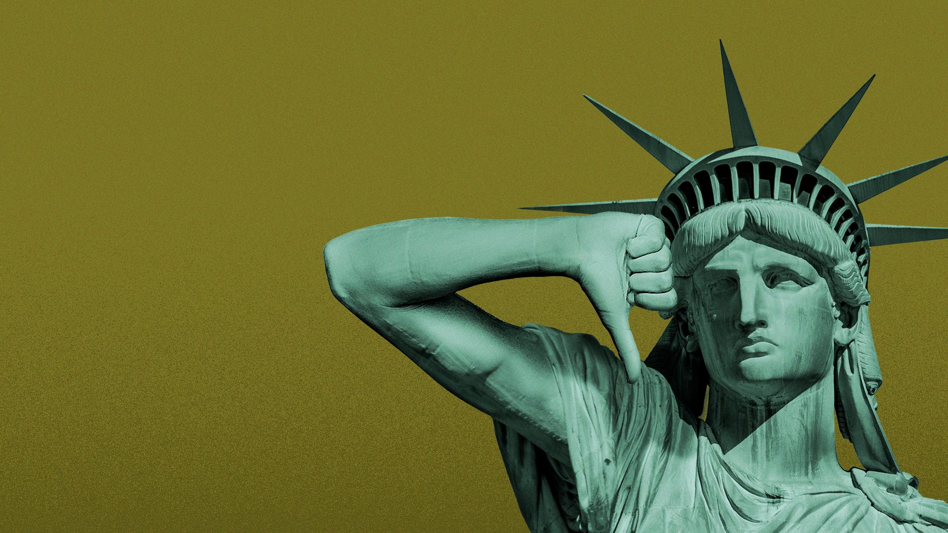 Illustration of the Statue of Liberty making a thumbs down. 