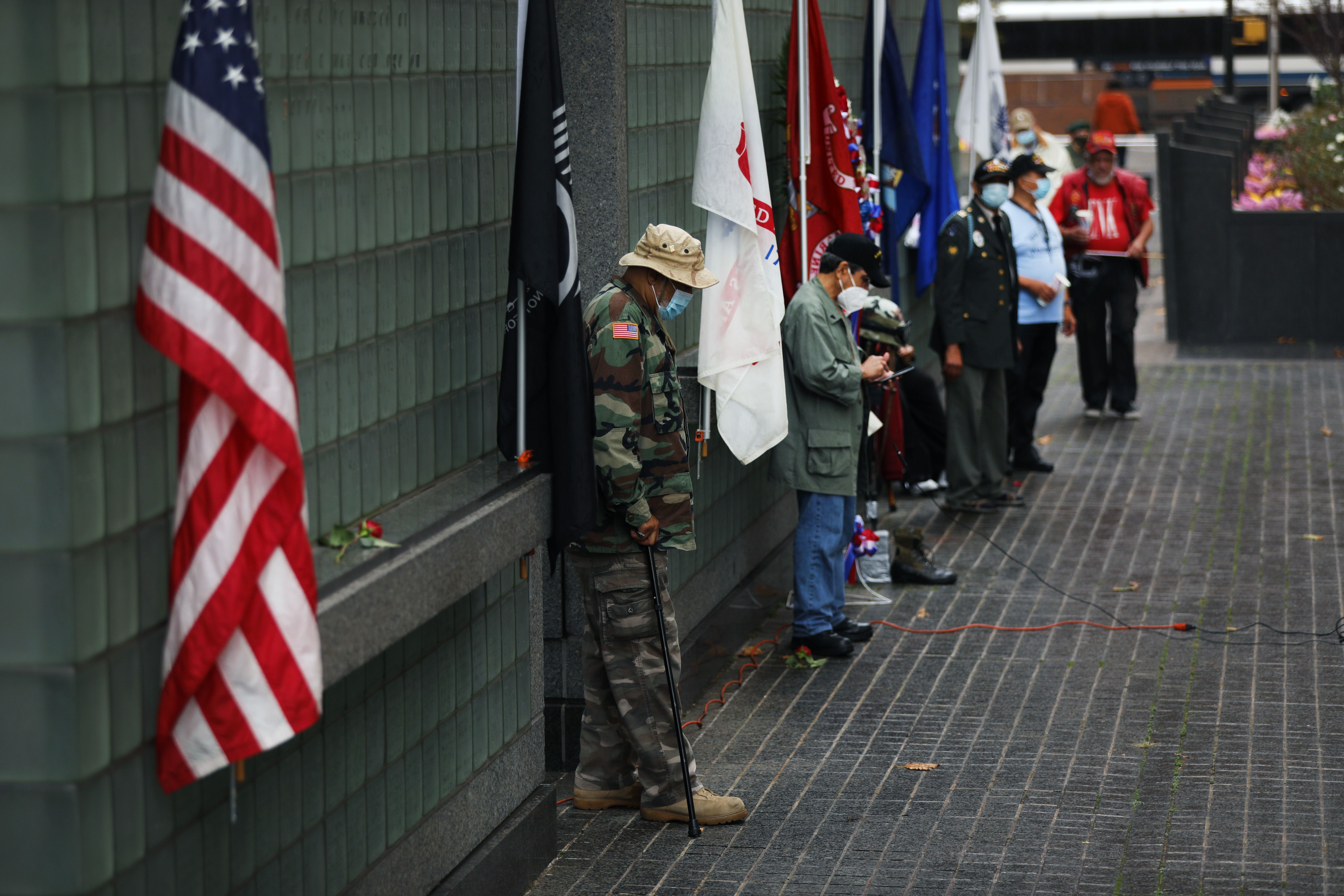 Veterans of the Vietnam War and others gather at the Vietnam War Memorial in Manhattan on Veterans Day on November 11, 2020