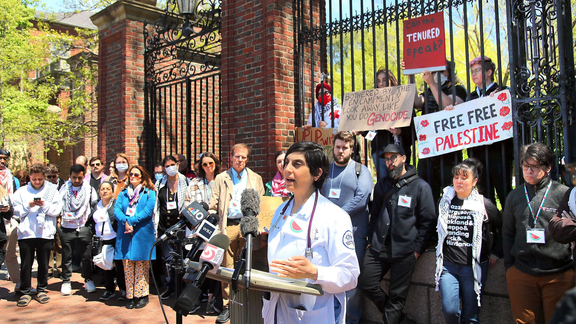 Harvard Medical School faculty member, Dr. Lara Jirmanus speaks for the Harvard Out of Palestine coalition which held a press conference outside Harvard Yard. 