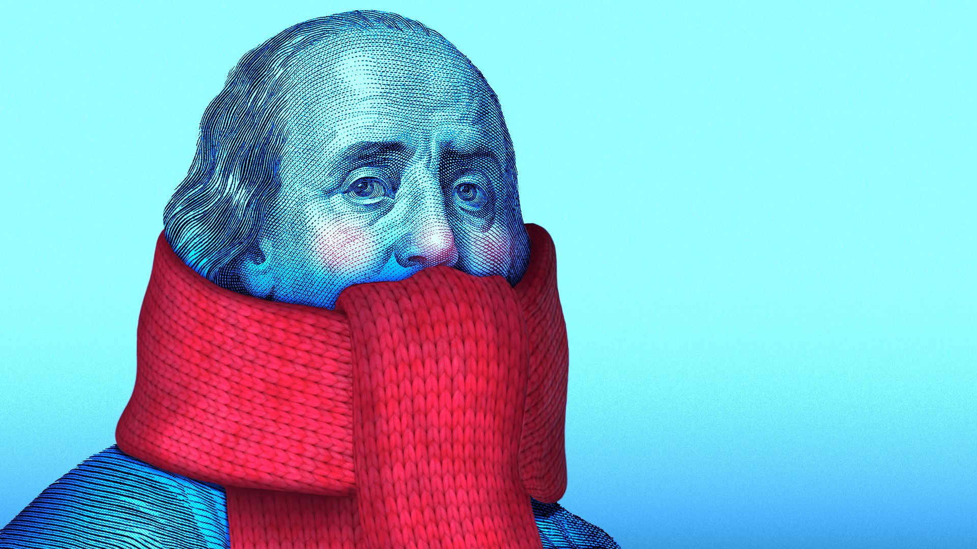 Illustration of blue-tinged Benjamin Franklin on an icy background wearing a big scarf.