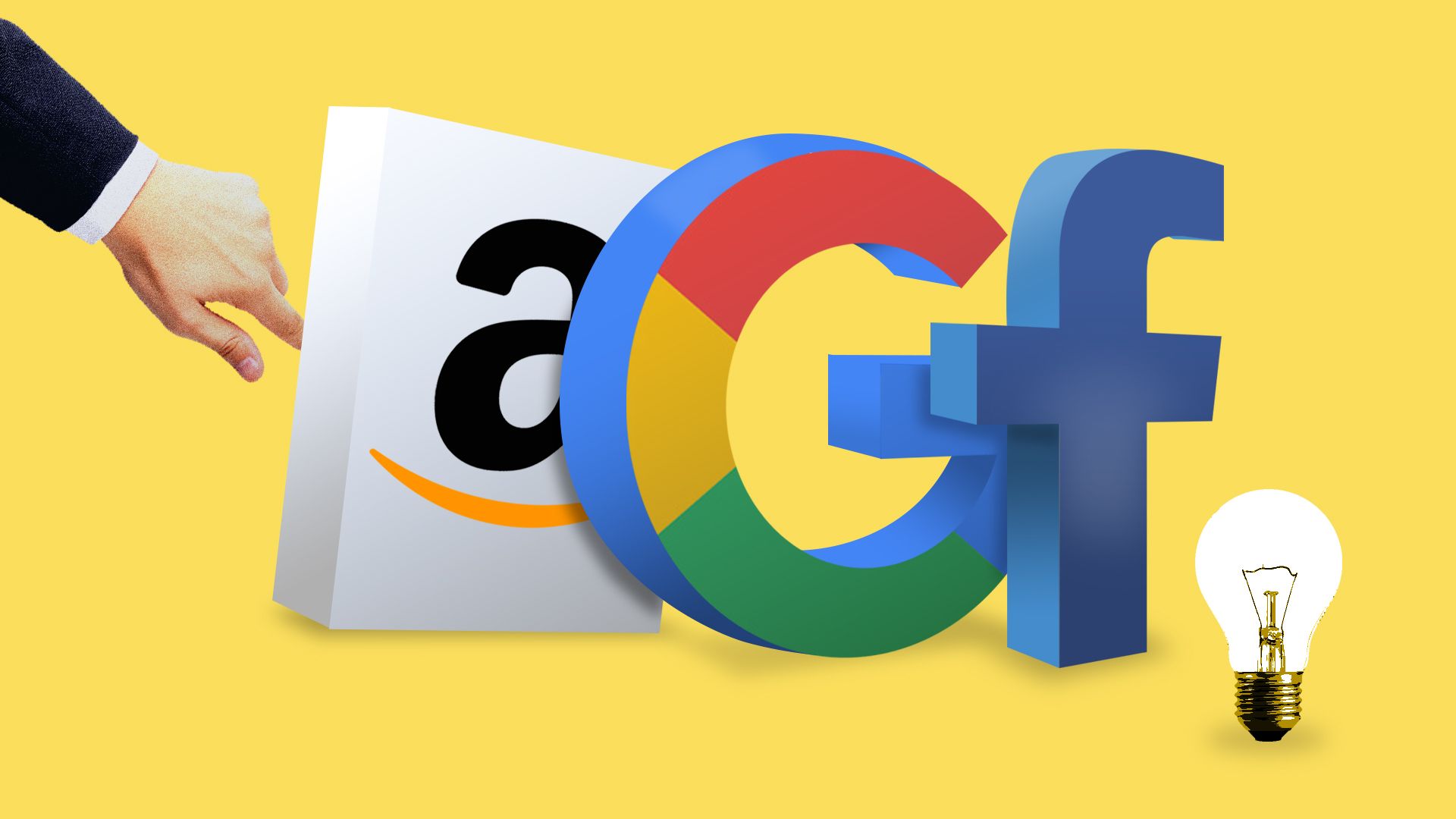 Amazon, Google, Facebook logos with a lawyer's hand behind them