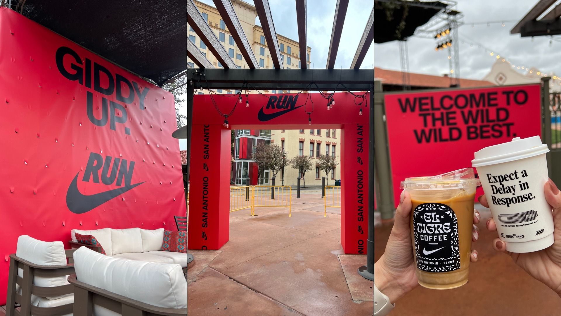 Three outdoor photos featuring red Nike Run branding. The left photo shows white cushioned seating under a "Giddy Up. Run" sign. The middle photo shows a large red archway with a Nike logo and the word "Run." The right photo shows two hands holding El Tigre coffee cups with Nike branding.