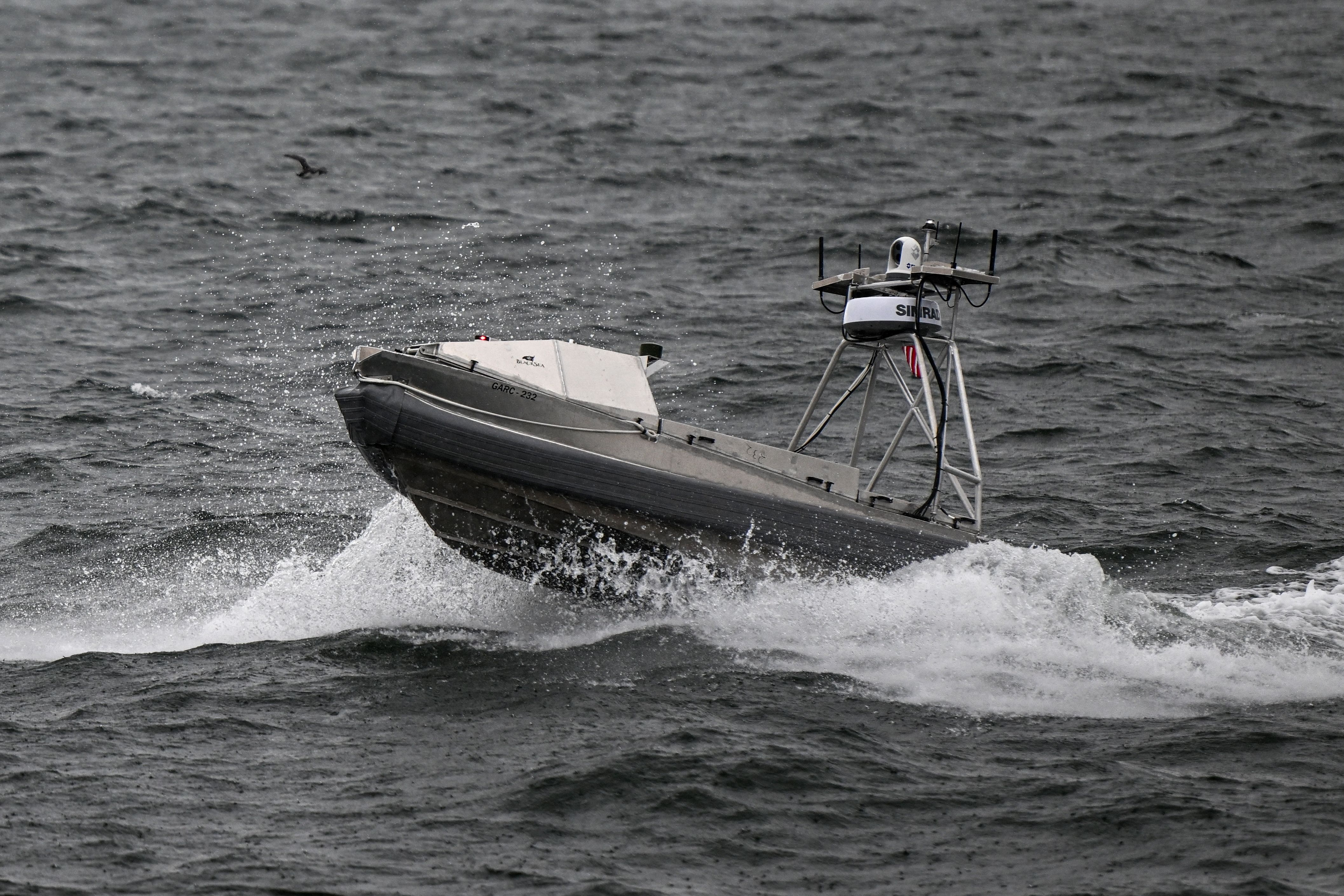 A U.S. Navy Unmanned Surface Vessel (USV) drone boat navigates during a NATO exercise off the coast of Poland in June.