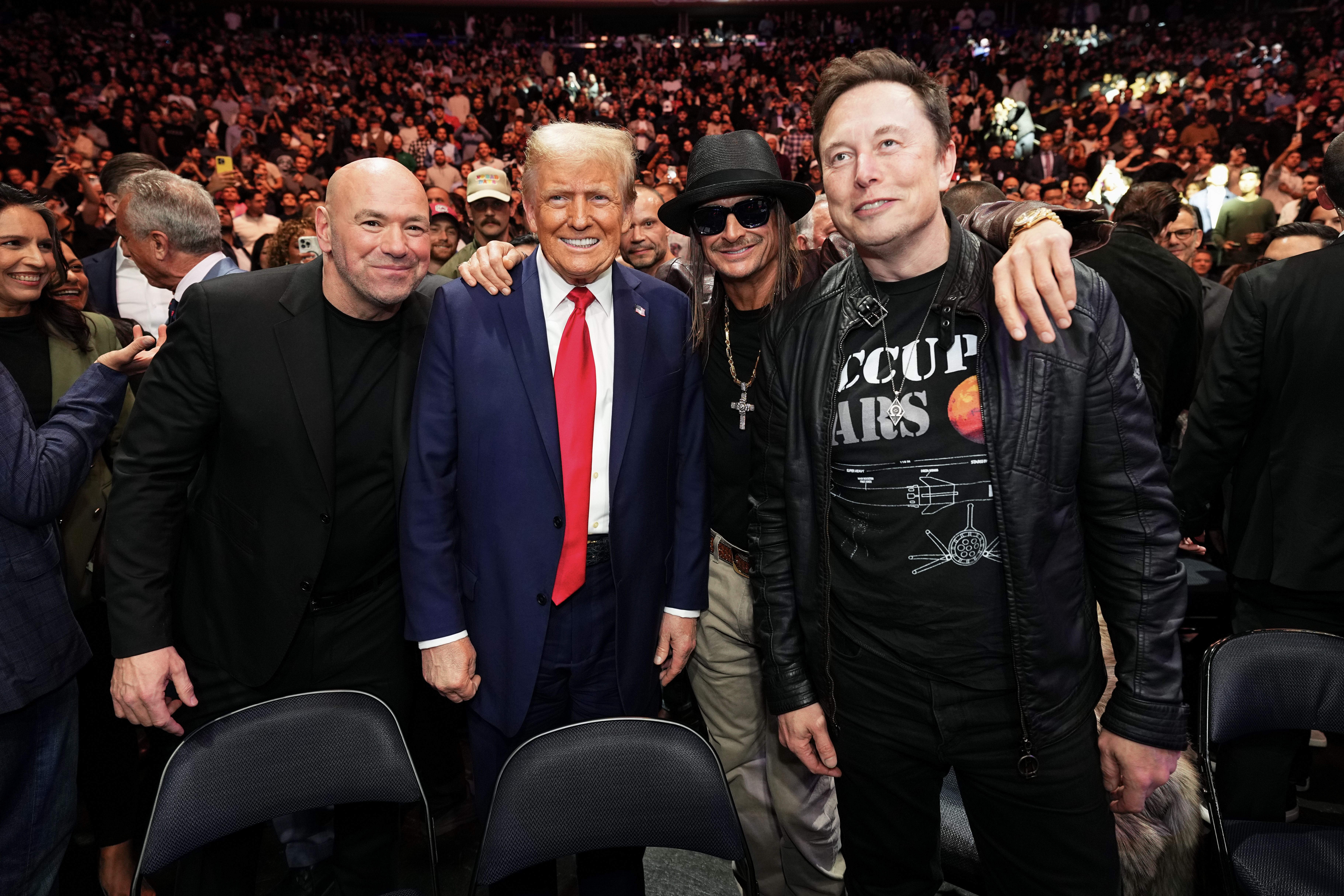  Joe Rogan, President-elect Donald Trump, Kid Rock and Elon musk pose for a photo during the UFC 309 event at Madison Square Garden on November 16, 2024 in New York City. (Photo by Chris Unger/Zuffa LLC 