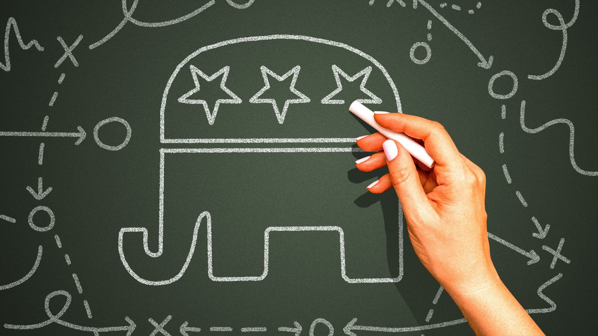 Illustration of a female hand drawing playbook style plans on a chalkboard next to the icon of the GOP. 