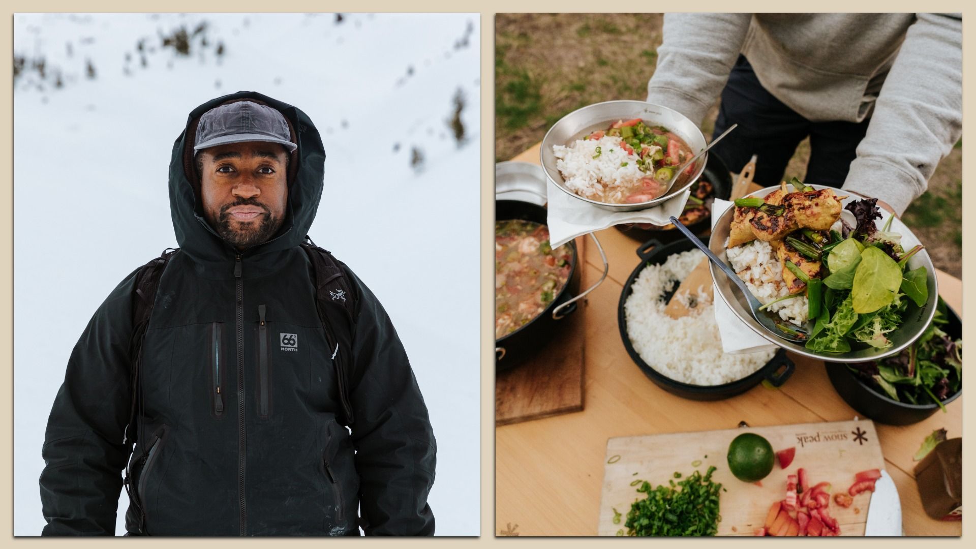 Side-by-side image: Left, a man in a black winter jacket stands in a snowy mountain landscape. Right, hands present outdoor-cooked meals with rice, greens, grilled tofu, and a hearty stew.