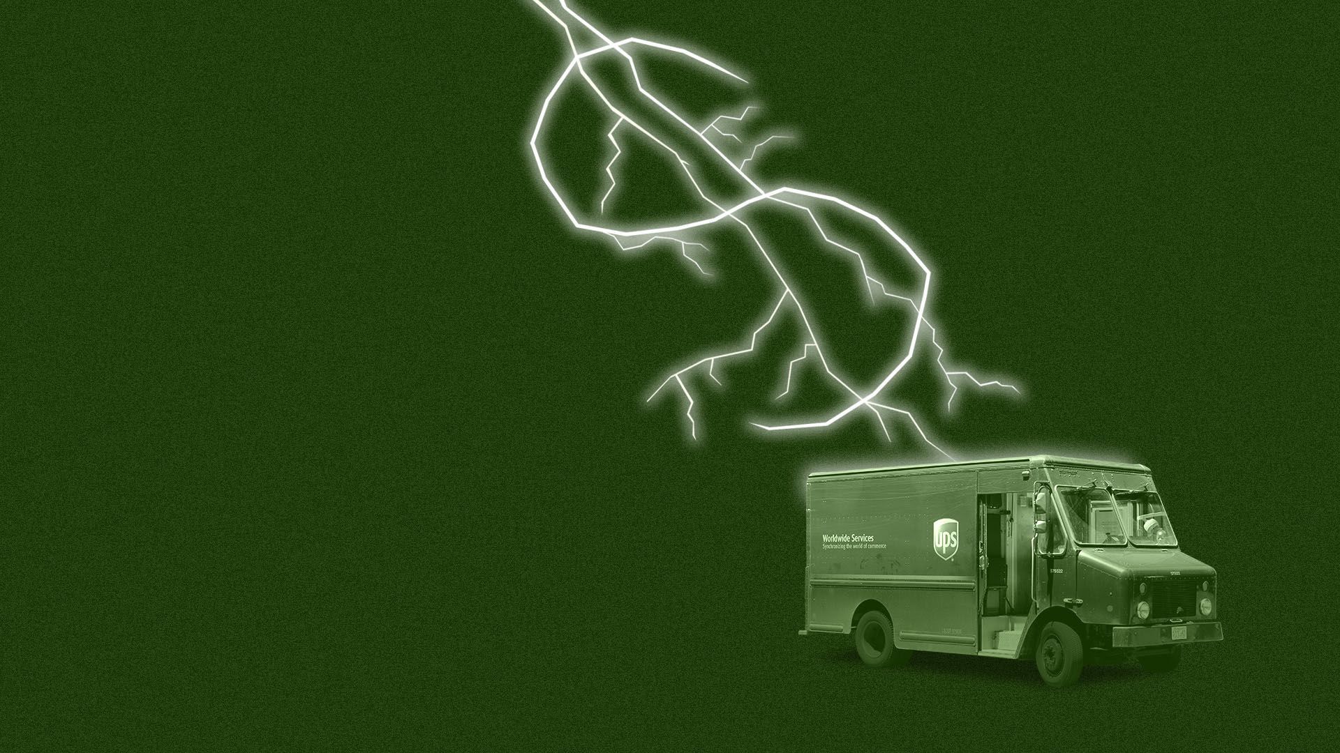 An illustration of a UPS truck being struck by lightning. 