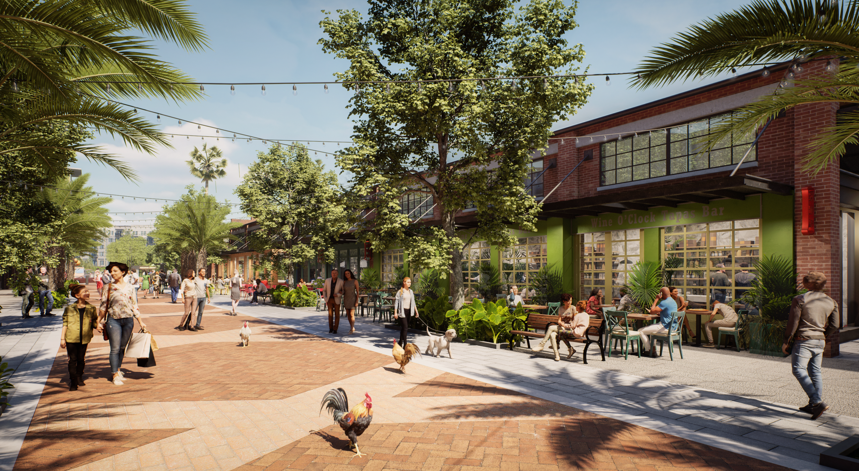 A rendering showing pedestrians walking along a car-less street with string lights hanging above them and tables and chairs on the sidewalk outside a restaurant.