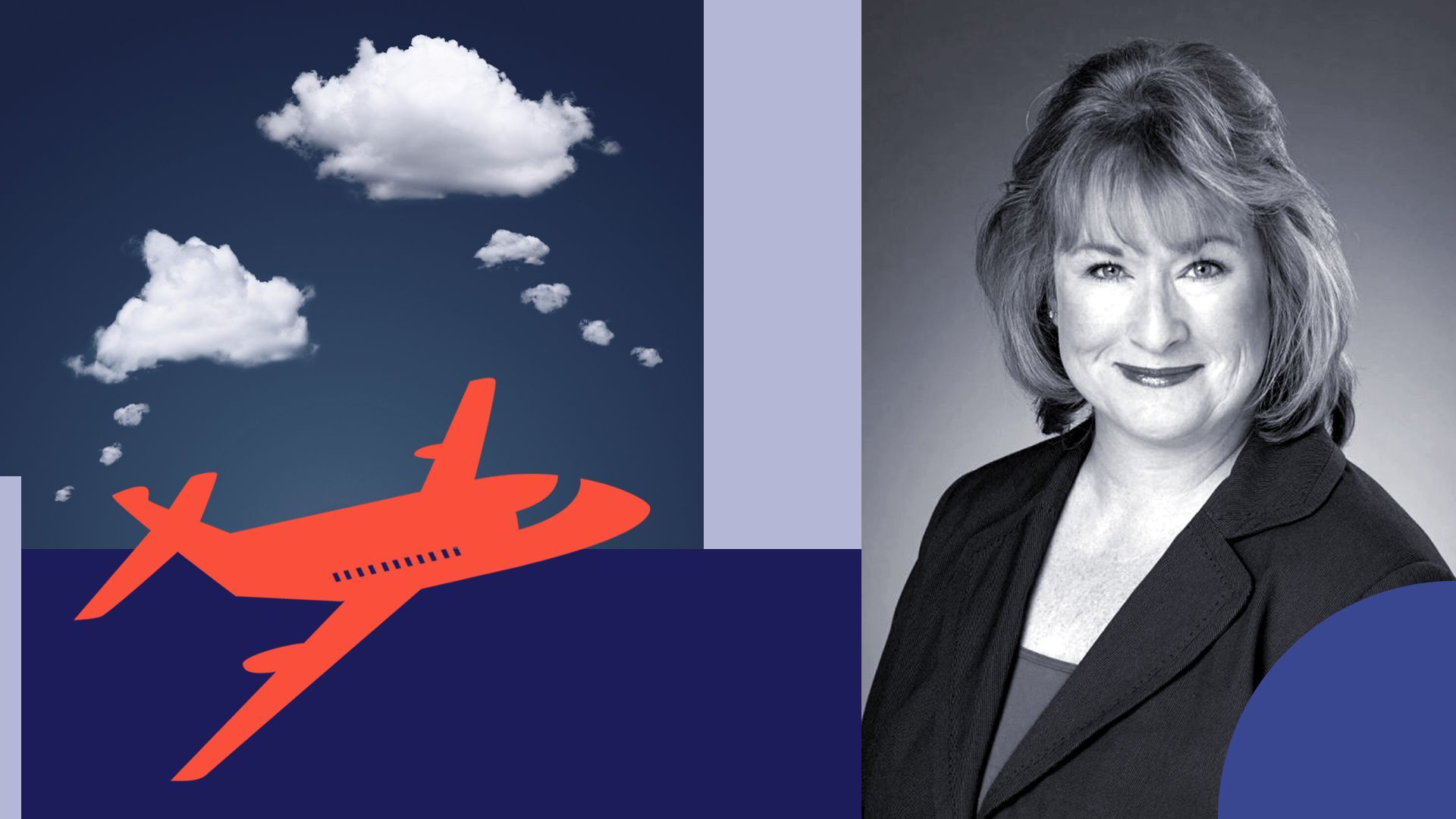 Photo illustration of Linda Rutherford with an image of clouds in the shape of speech bubbles and an airplane.