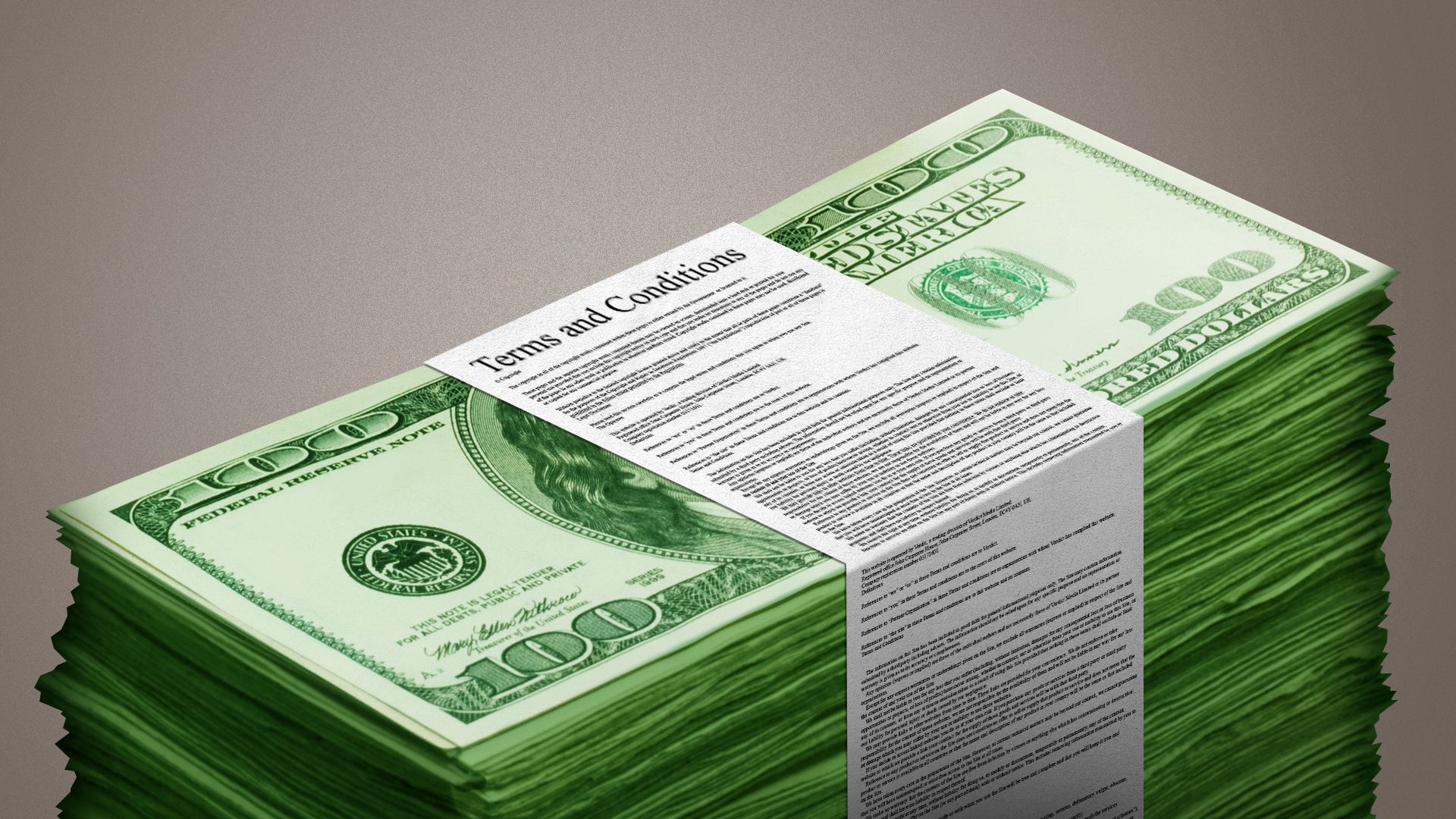 Illustration of a stack of money wrapped up in a terms and conditions document.