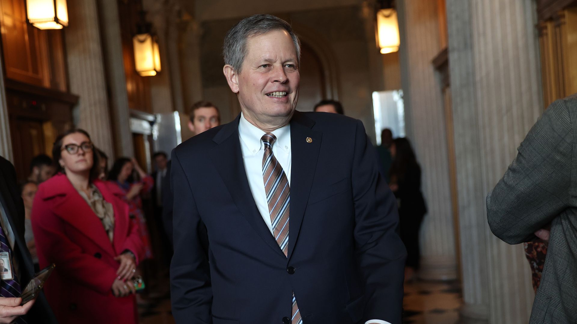 U.S. Sen. Steve Daines (R-MT) arrives for a Senate Republican meeting 
