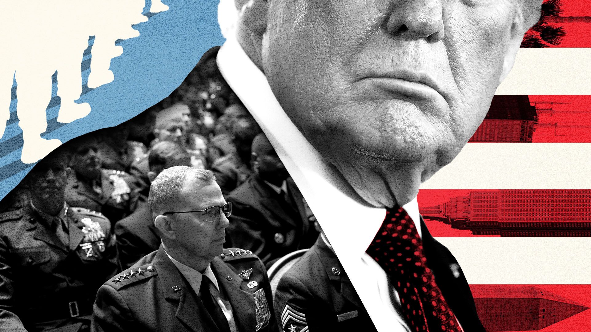 Photo illustration of President Trump with US military generals and senior officers, various buildings and landmarks from major American cities, and silhouettes of soldiers over a background resembling an American flag 