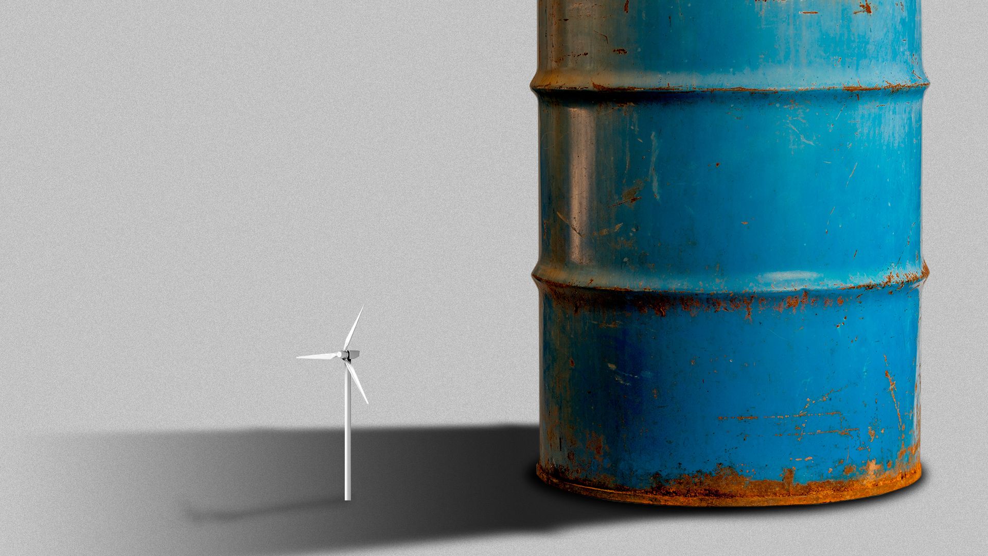 Illustration of a large oil barrel casting a shadow over a tiny wind turbine.