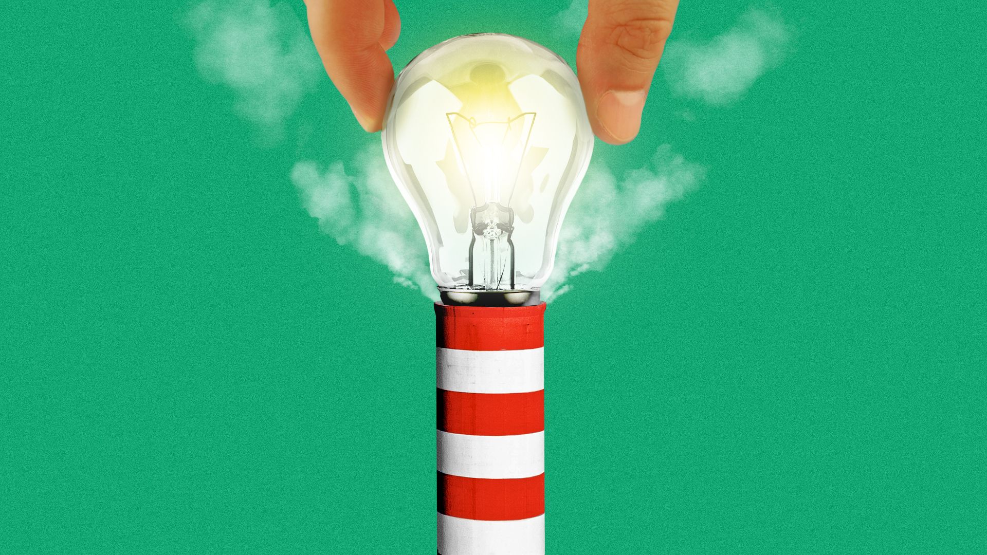 Illustration of a hand screwing a light bulb into a smoke stack.  