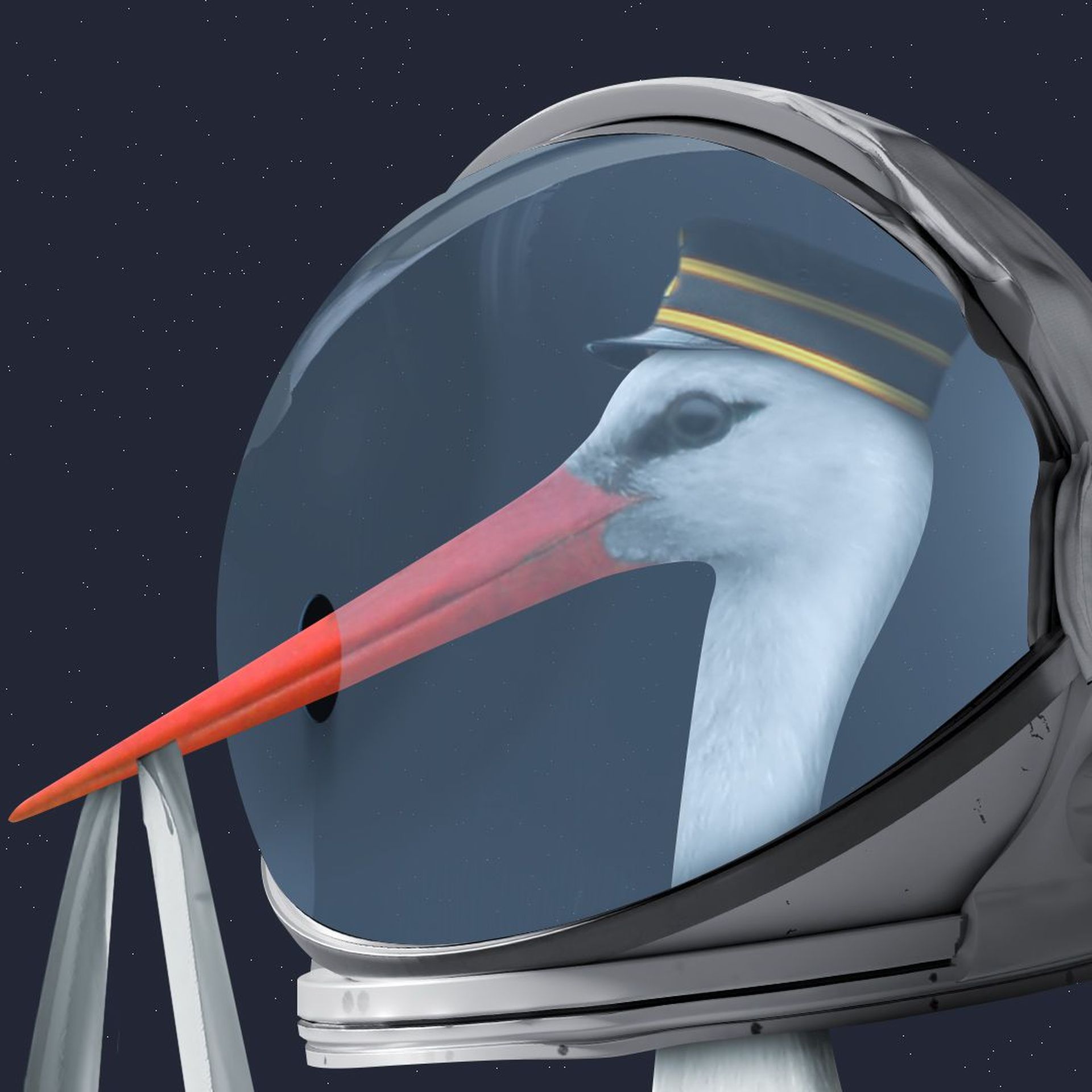 Illustration of a stork carrying a baby bundle and wearing an astronaut helmet. The helmet has a small hole in the visor for the stork's beak to fit through.