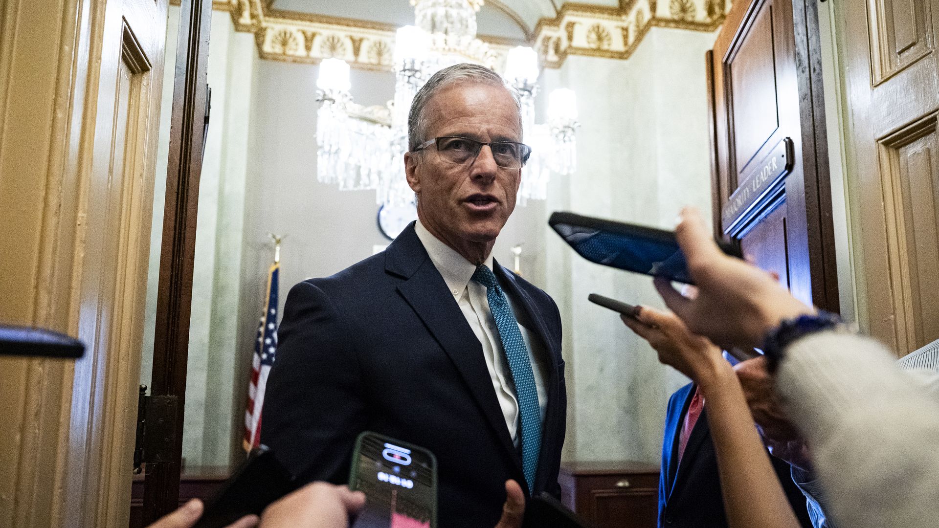 Senate Majority Leader John Thune (R-SD) speaks with reporters following a Senate Republican luncheon