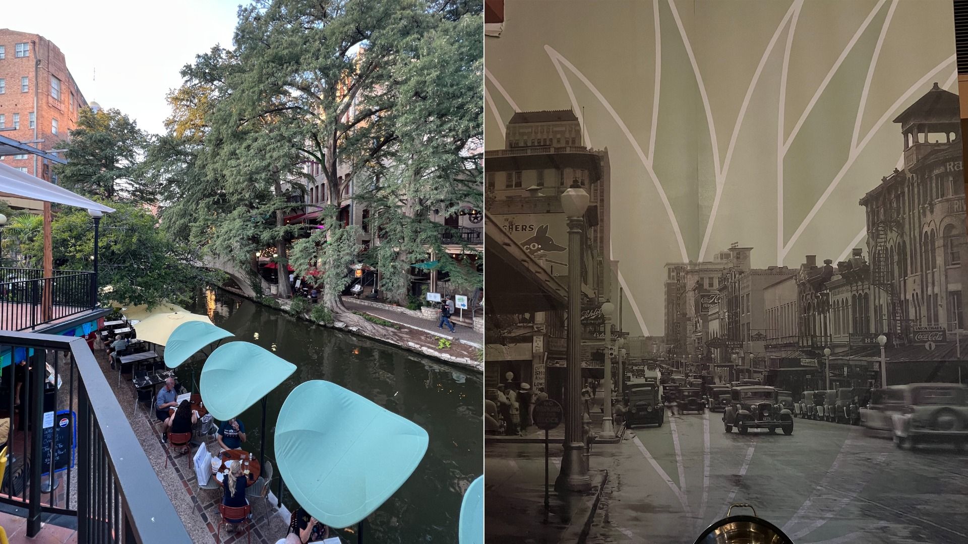 Side-by-side images: left shows people dining along a tree-lined river with turquoise umbrellas; right is a sepia-toned vintage street scene with early 20th-century cars and buildings.