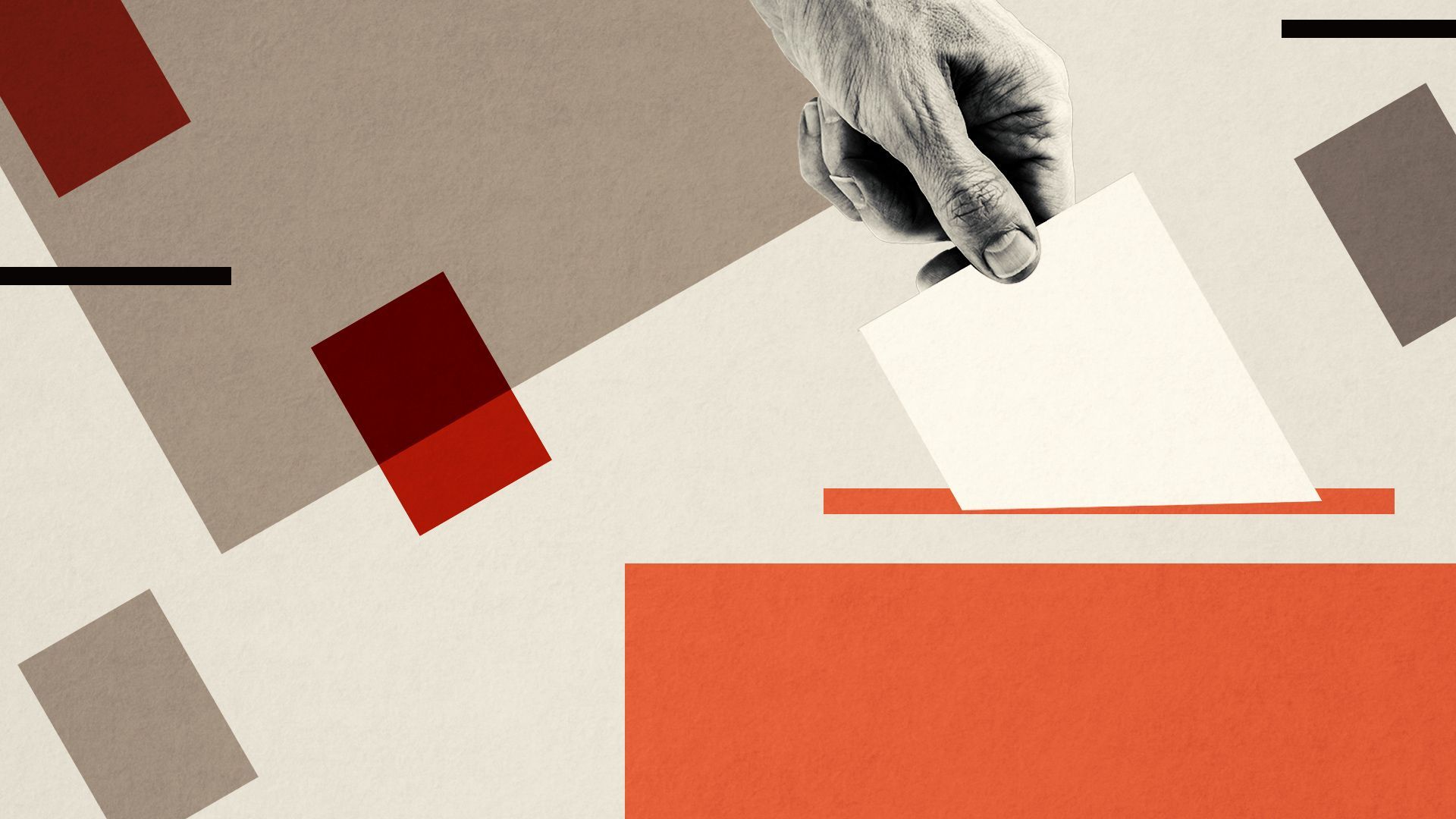 Illustration of a hand placing a ballot in a ballot box surrounded by abstract shapes.