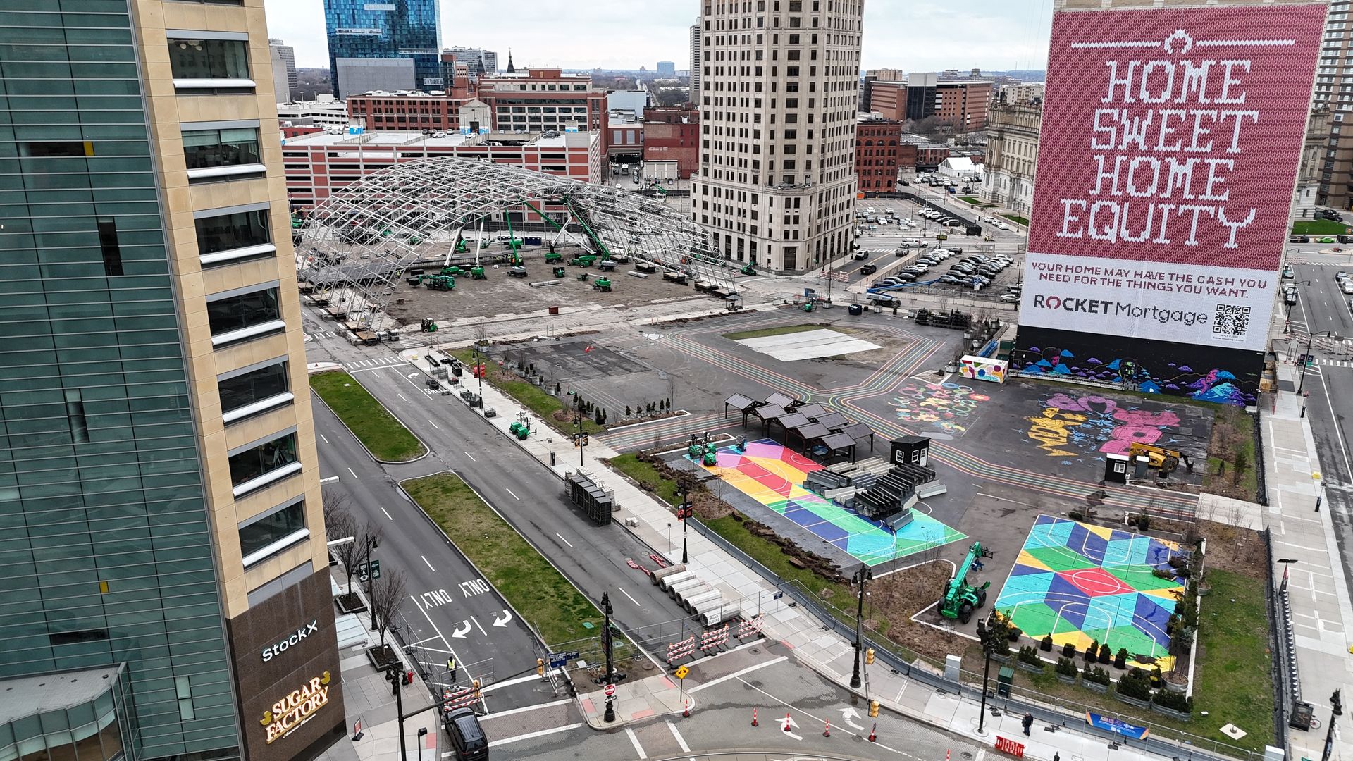 The NFL Draft stage is under construction on top of the area formerly known as the Monroe Street Midway across from Campus Martius.