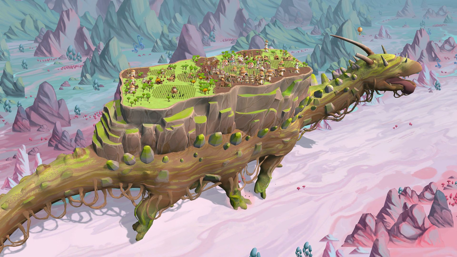 Video game screenshot of a giant four-legged beast with a village on its back