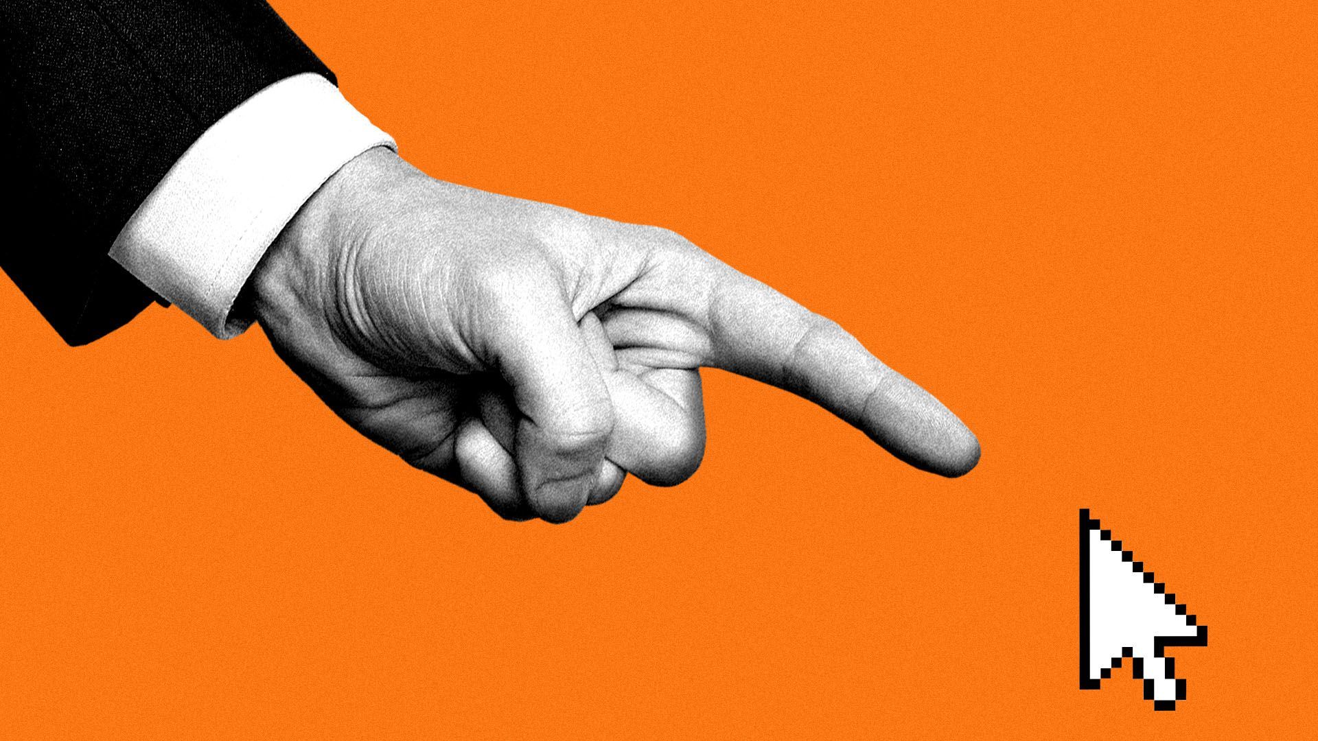 Illustration of a giant hand in a suit pointing at a small cursor