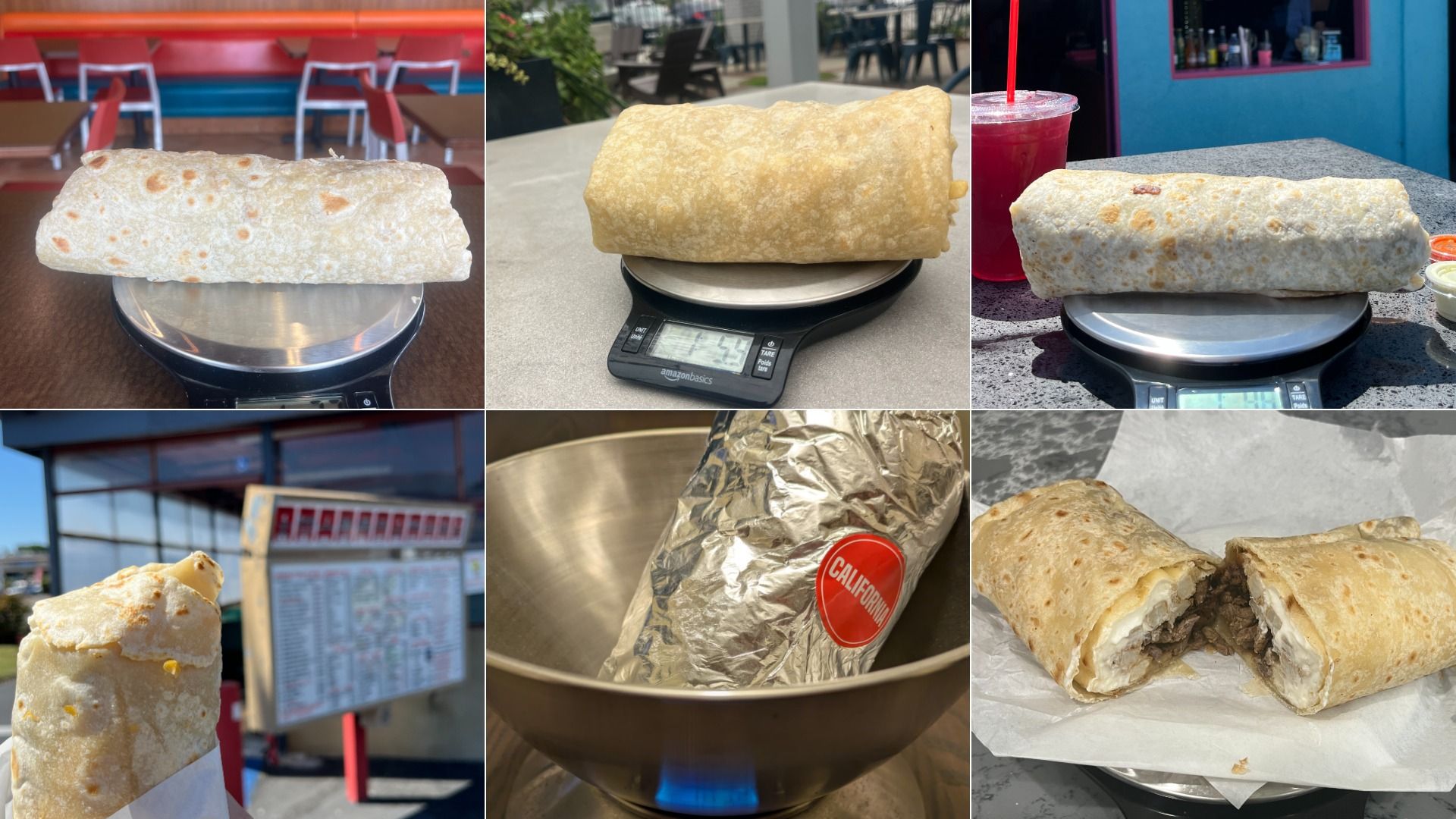 A collage of six California burritos on kitchen scales at restaurants. 