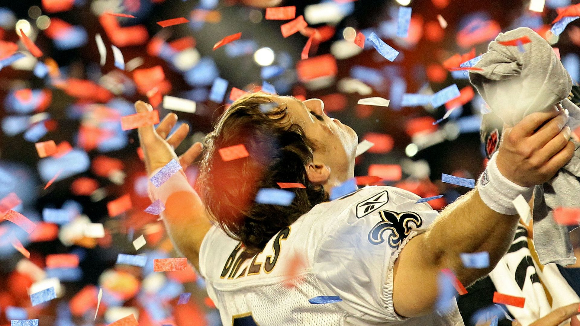 Drew Brees with confetti falling