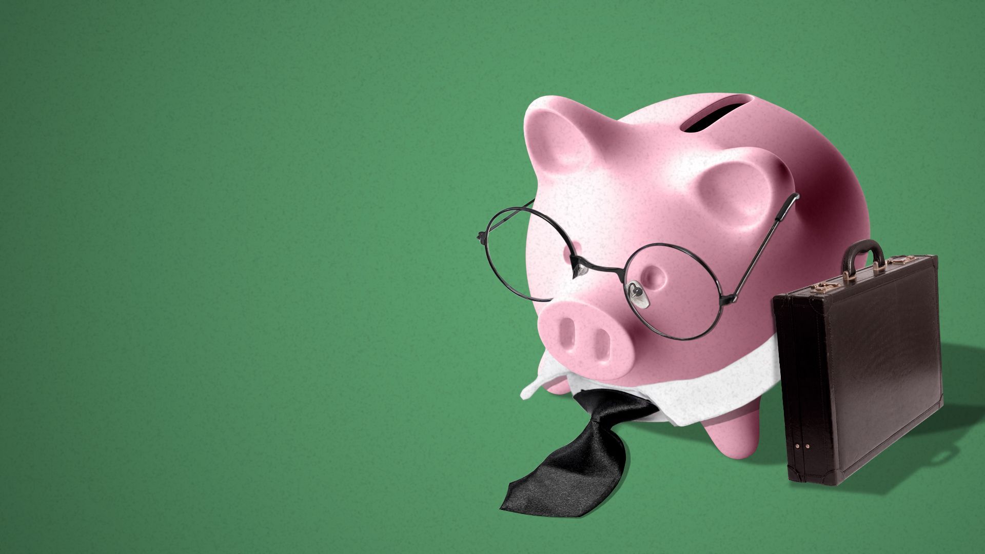Illustration of a piggy bank with glasses, a business tie and briefcase.