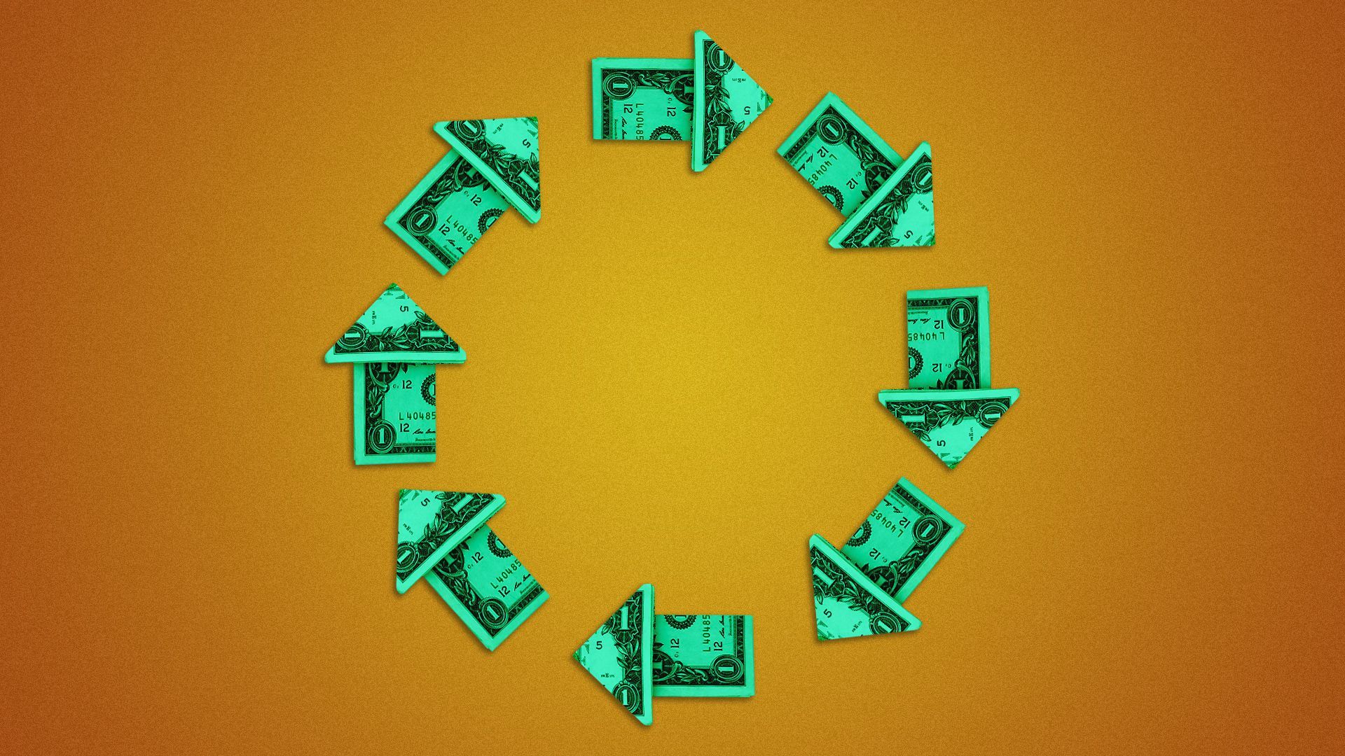 Illustration of arrows made of folded money forming a circle. 