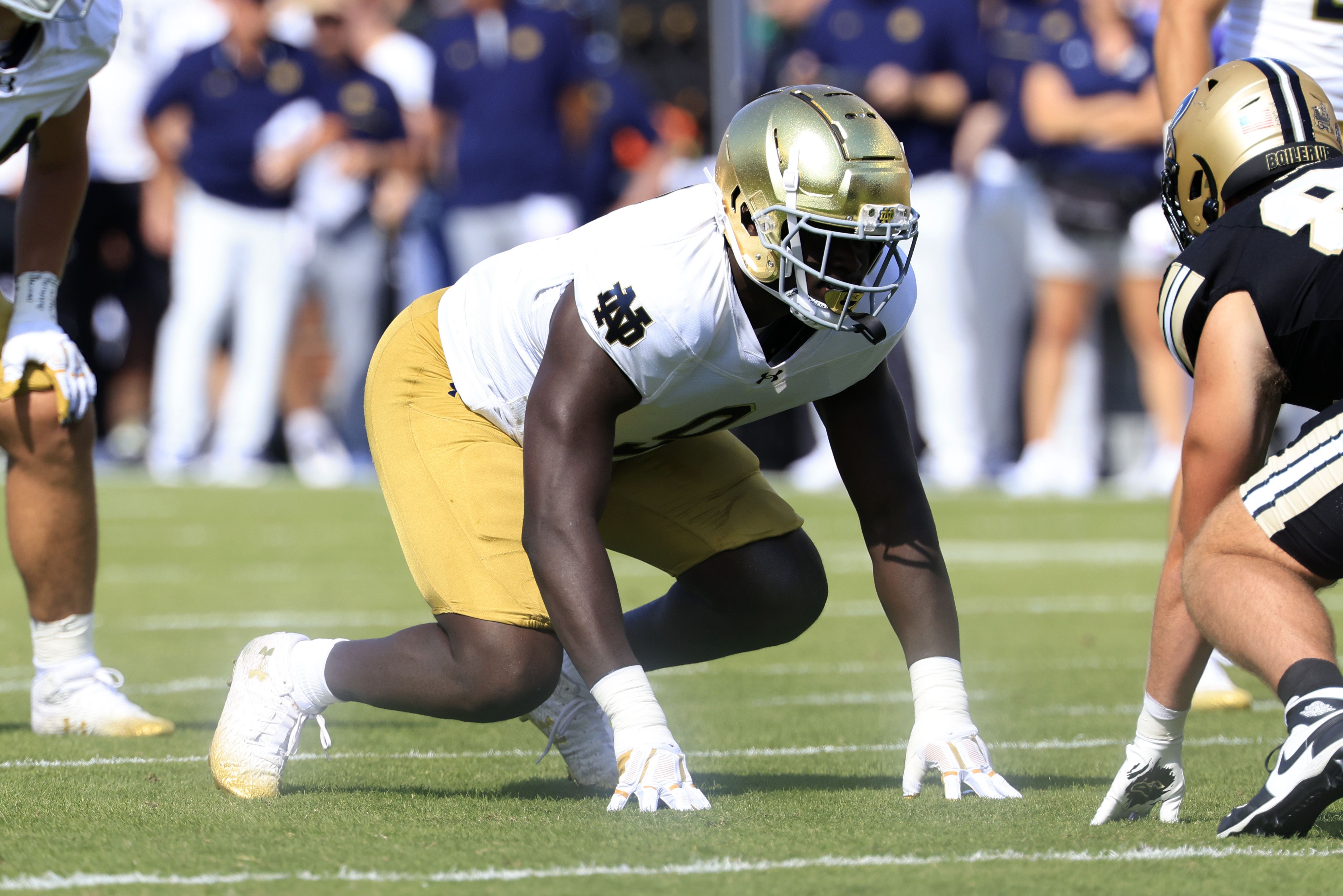 R.J. Oben #9 of the Notre Dame Fighting Irish lines up against the Purdue Boilermakers at Ross-Ade Stadium on September 14, 2024 in West Lafayette, Indiana. (Photo by Justin Casterline/Getty Images)
