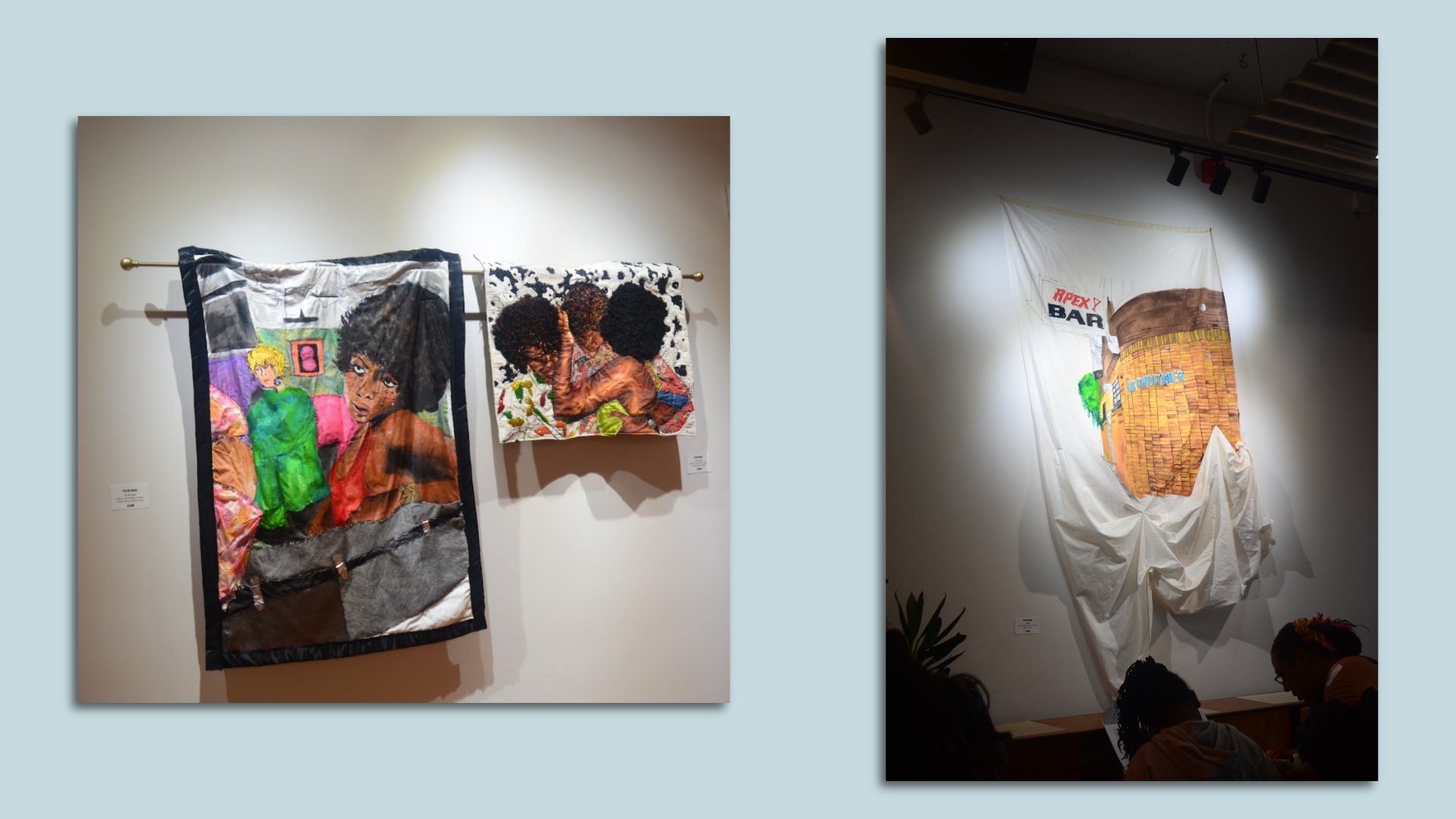 Two images of artwork. One depicts people and another depicts the Apex Bar's exterior.