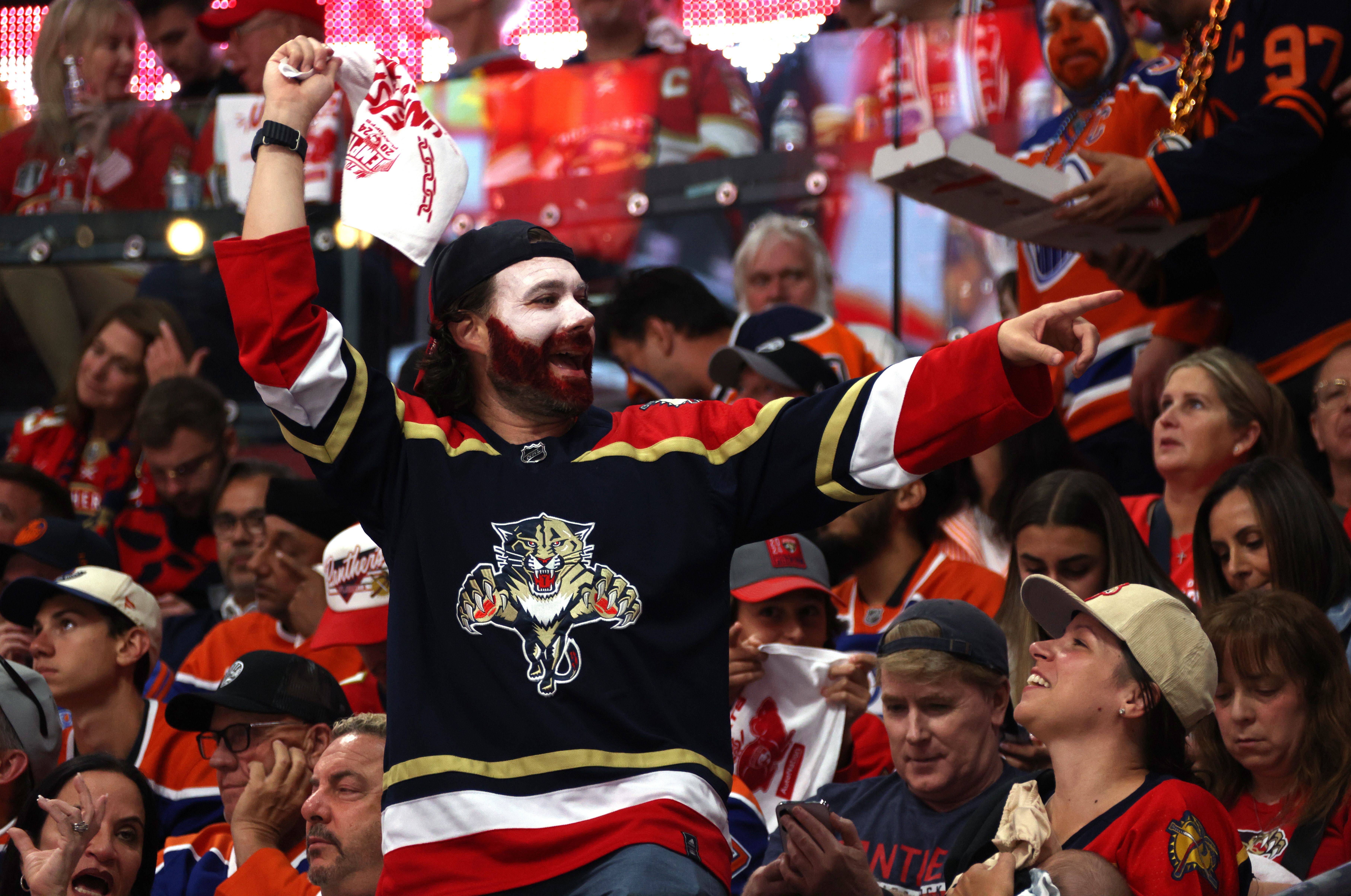 A Florida Panthers cheers on during the second period of Game Seven of the 2024 Stanley Cup Final between the Edmonton Oilers and the Florida Panthers at Amerant Bank Arena on June 24, 2024 in Sunrise, Florida. (Photo by Dave Sandford/NHLI via Getty Images)