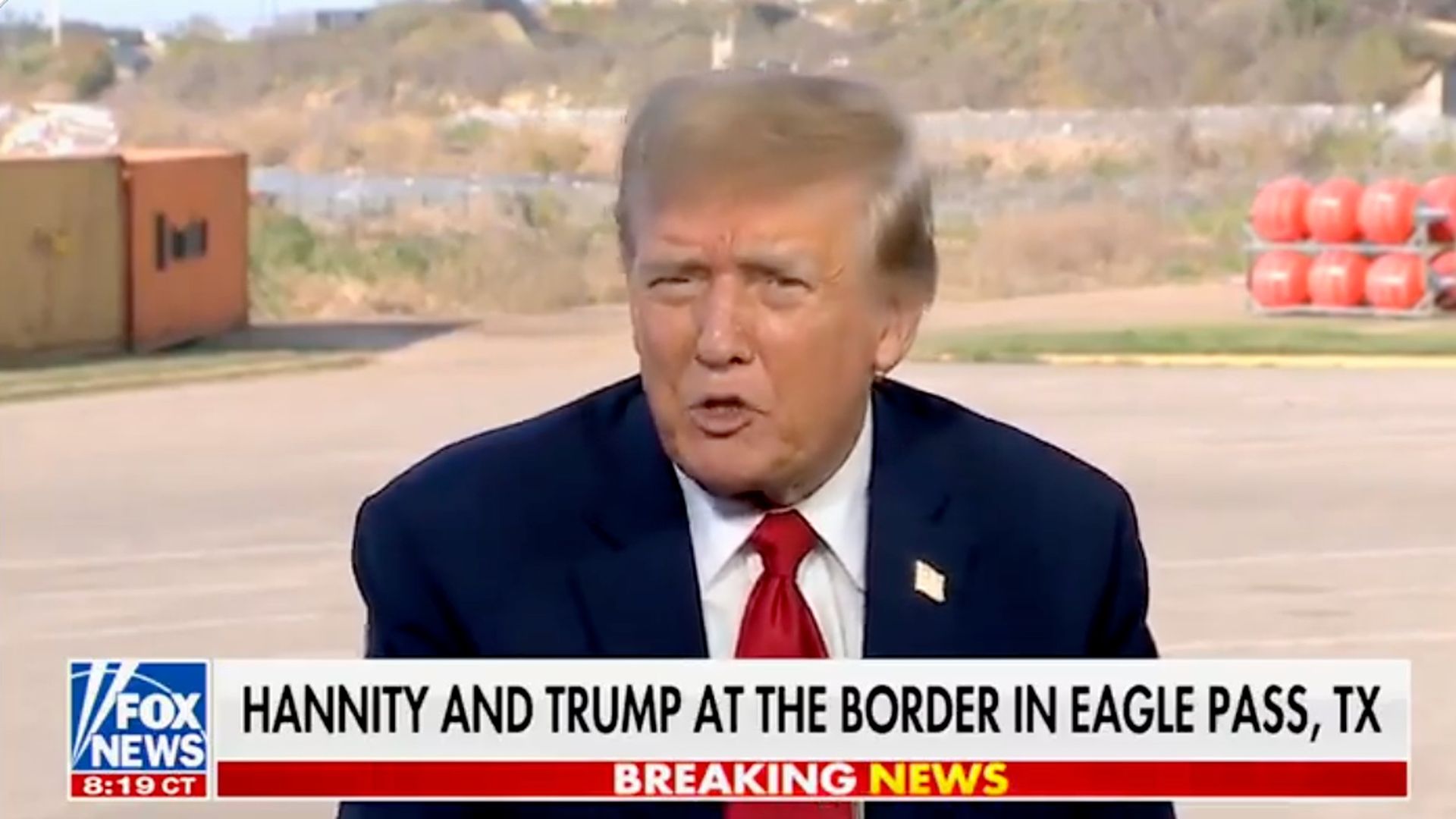 Former President Trump speaking during his interview on Fox News' "Hannity" at Eagle Pass, Texas, on Thursday.