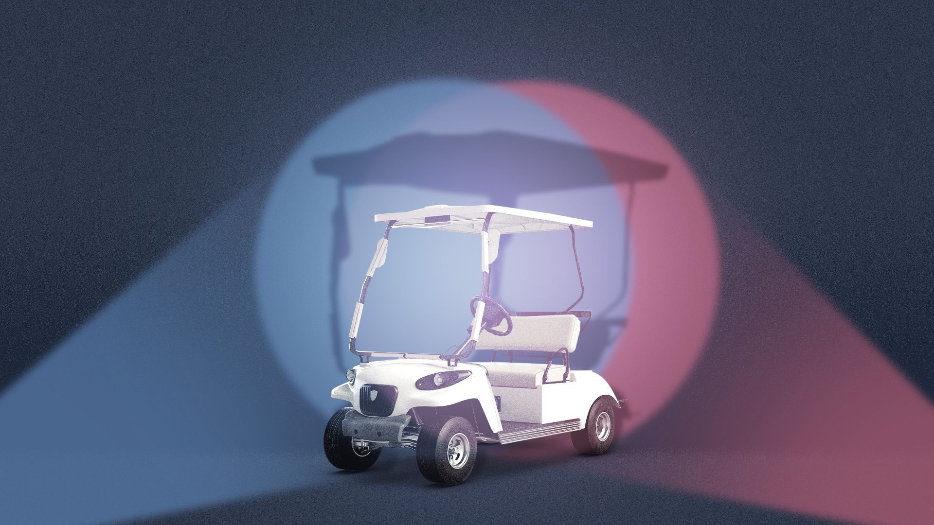 Illustration of a golf cart caught in police spotlights. 