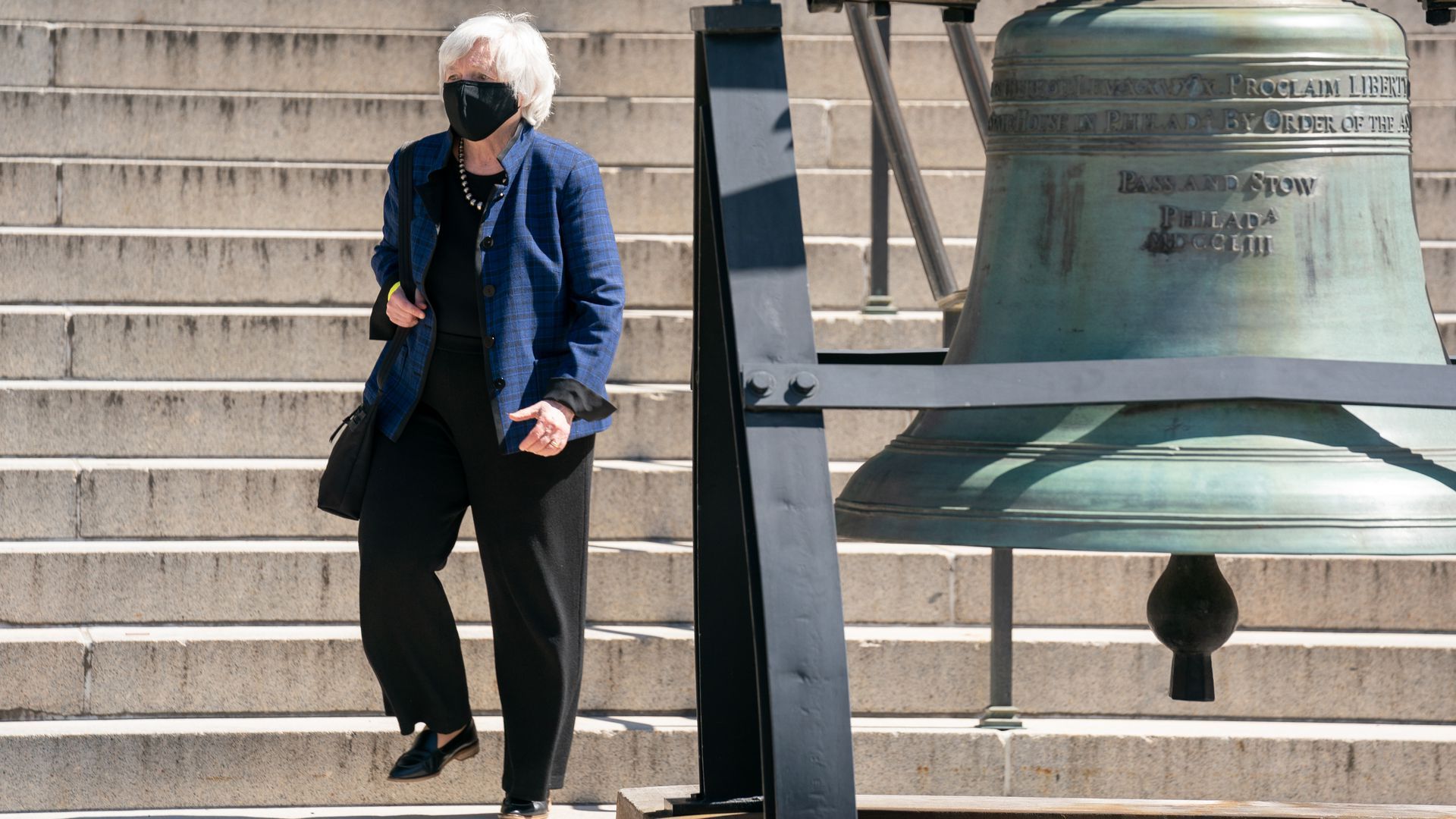 Janet Yellen wears a mask while exiting after swearing in Deputy Treasury Secretary Wally Adeyemo, the most senior-ranking Black person in the department's history.