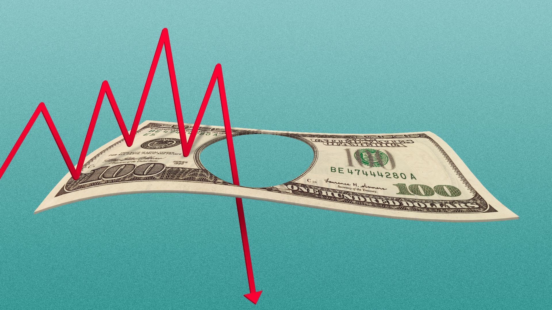An illustration of a $100 bill with a line graph line running through it. 