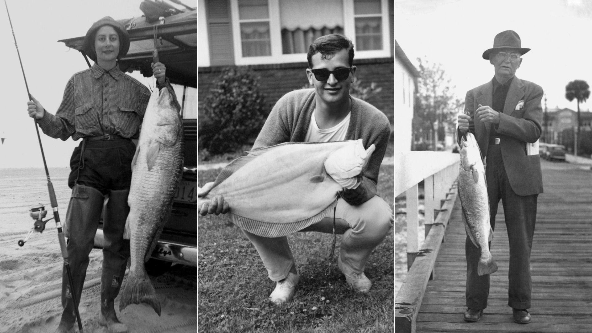 Three black-and-white photos of people holding large fish: a woman in waders and hat on a beach, a man in sunglasses crouching on grass, and an elderly man in a suit and hat on a pier.